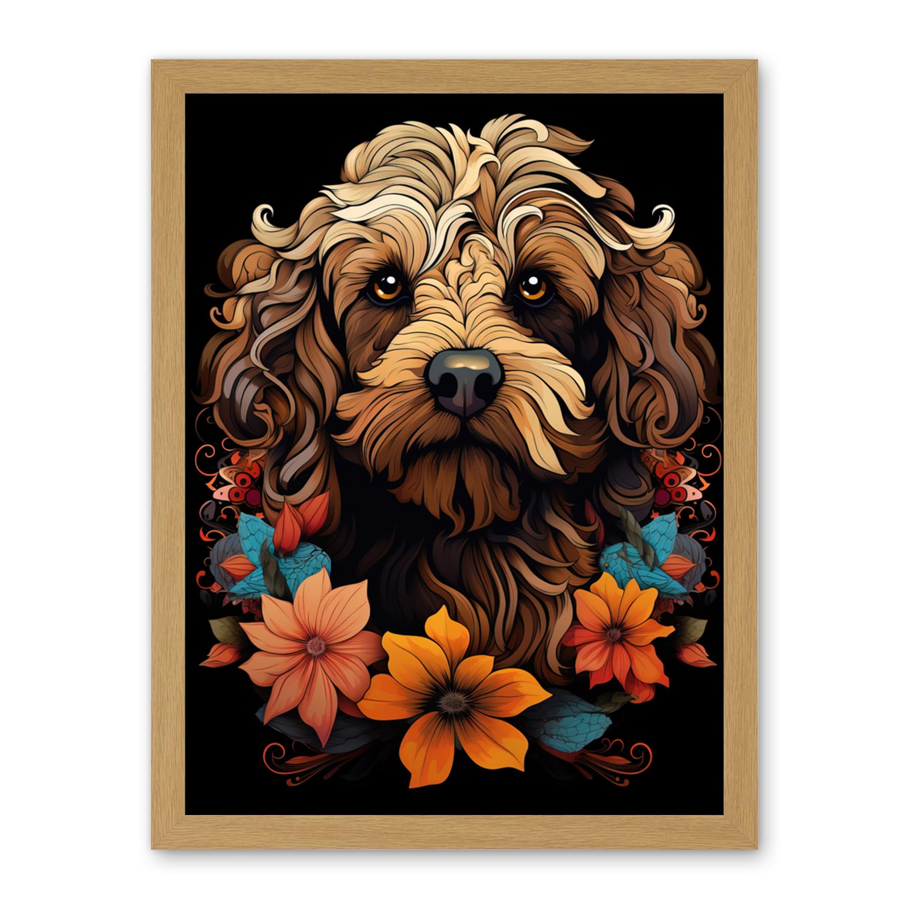 Artery8 Cockapoo Dog with Flowers Artwork Orange Brown Blue Floral Art Nouveau Portrait on Black Artwork Framed Wall Art Print 18X24 Inch