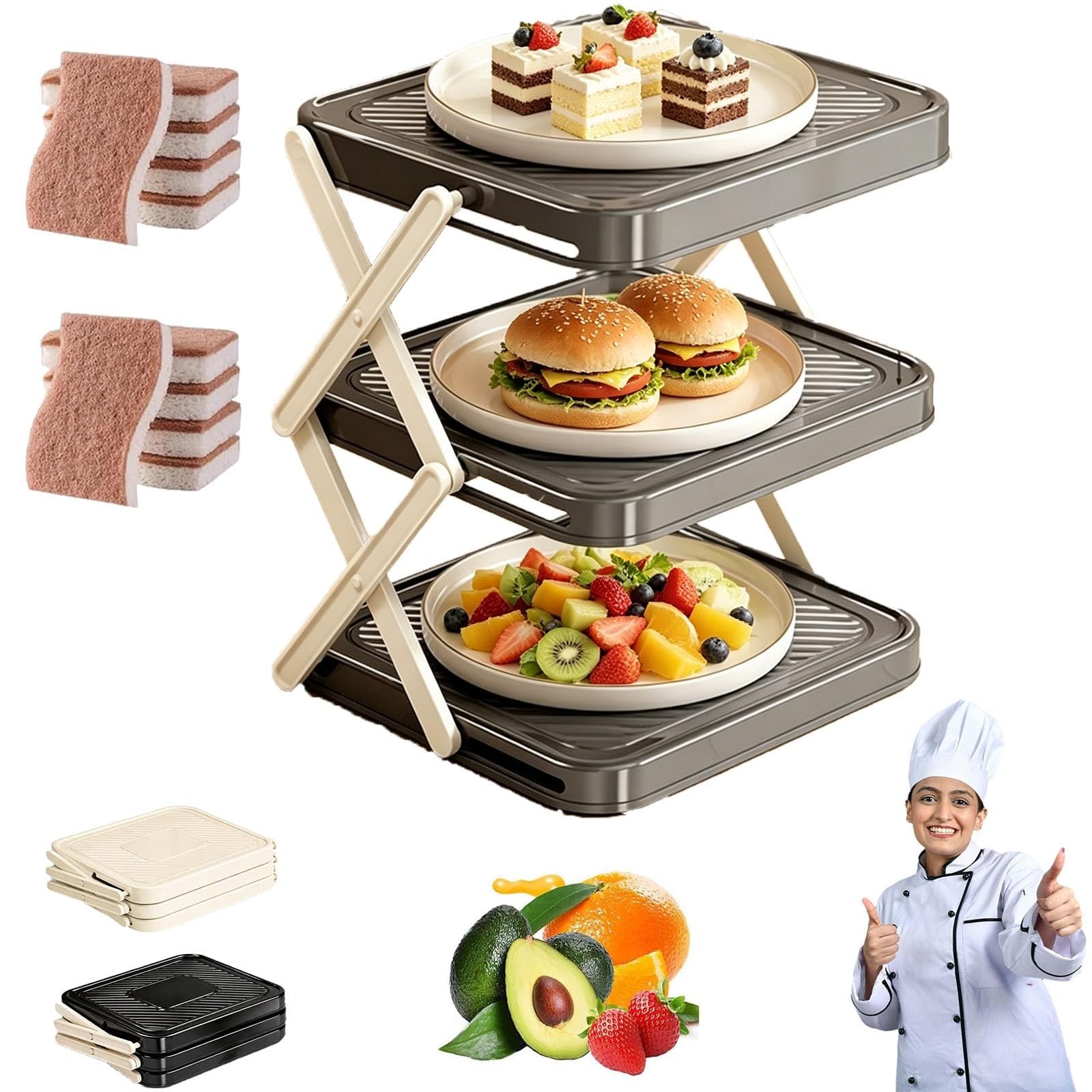 FSLXZPKJ Foldable 3-Tier Dish Prep Tray Storage Rack – Space-Saving Kitchen Organizer for Plates, Trays, Fruits & Snacks Light Luxury Appeal