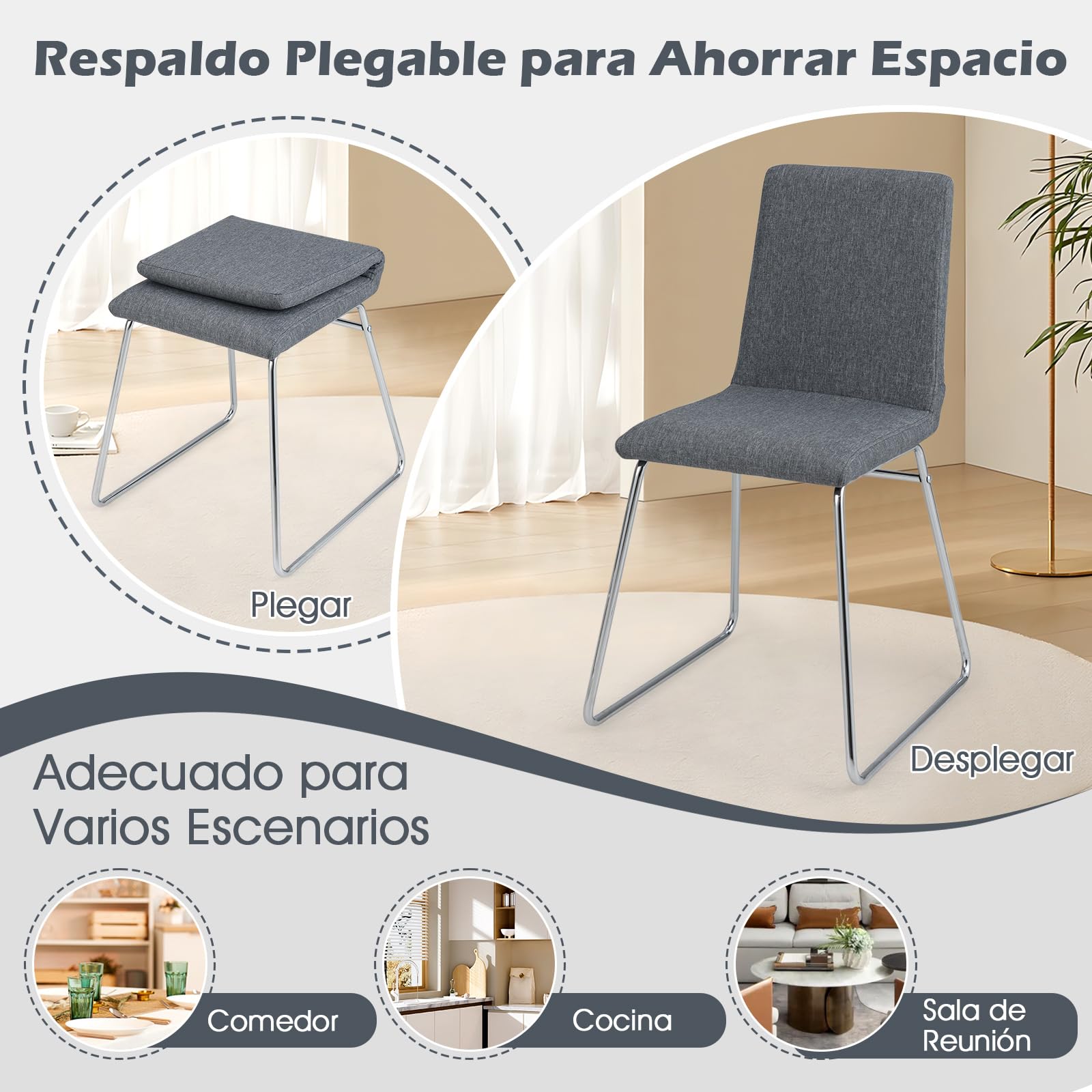 COSTWAY Juego de 2 Sillas de Comedor Modernas, Silla de Cocina Tapizada con Respaldo Plegable y Estructura Metálica, Asiento Acolchado, Carga de 150 kg, Sillas Sin Reposabrazos para Interior, Gris