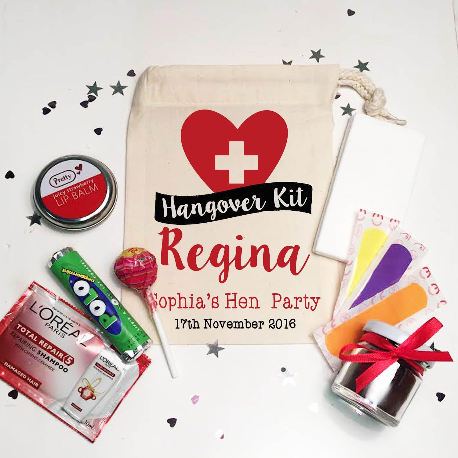 15cm x 20cm Small Personalised Pre Filled Hen Party Party survial kit Cotton Drawstring Bag