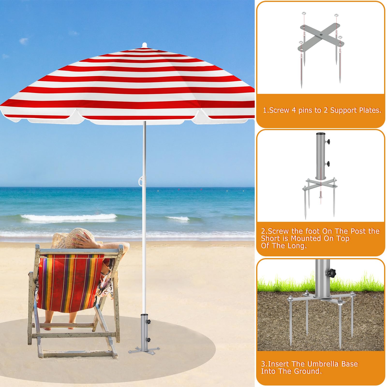 Schirmspieß I Strandschirm-Ankerpfahl I abnehmbarer Schirmständer mit 4 Spießen, für den Außenbereich im Boden, Sonnenschirmständer, Halter für Strand, Sand, Hof, Rasen (Silber)
