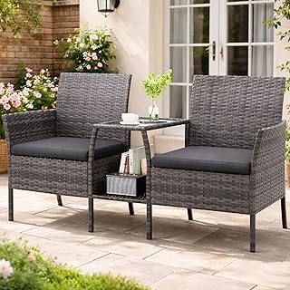 UDPATIO Gartenbank Wetterfest 2-Sitzer mit Integriertem Tisch, Polyrattan Sitzbank mit Stauraum, BalkonBank Sitzgruppe Outdoor Gatten, Grau