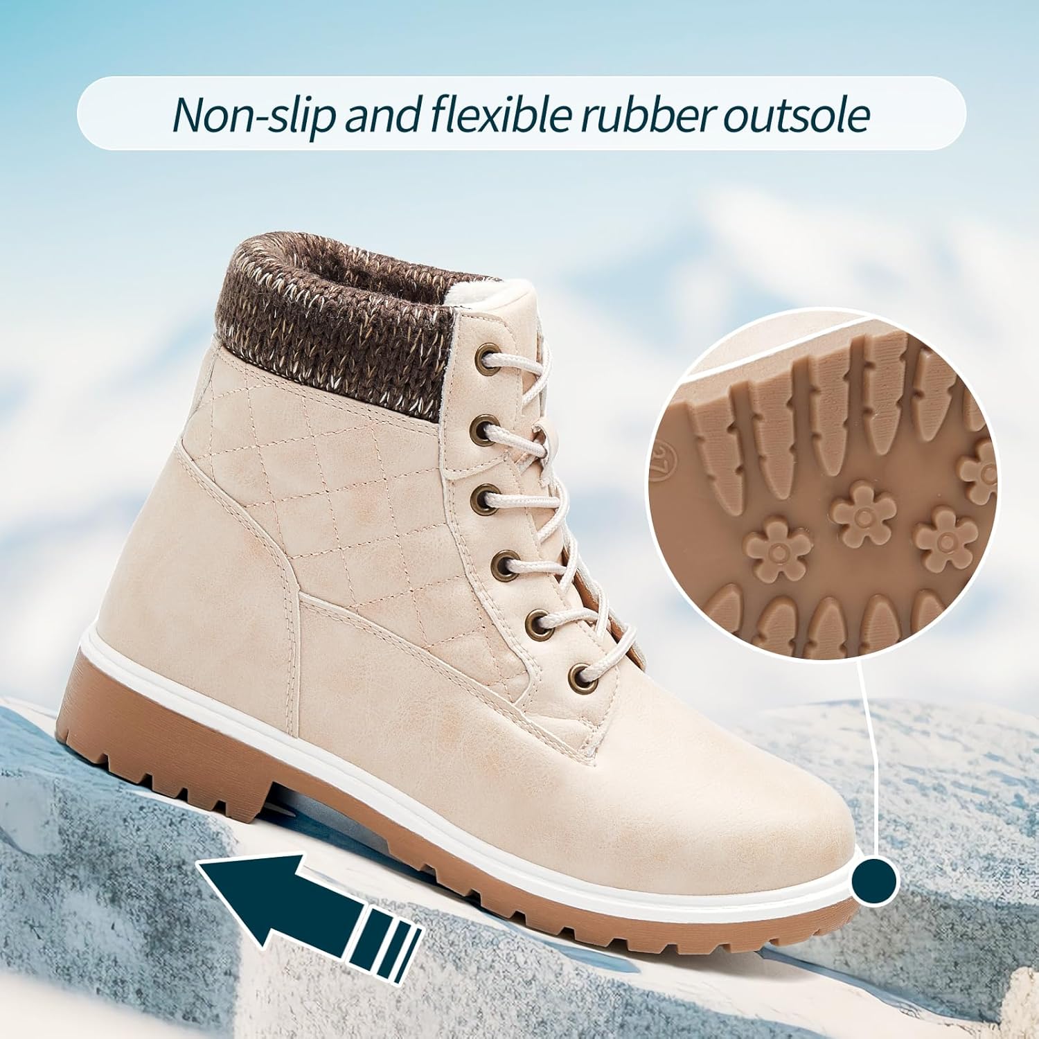 Adokoo Boots for Women Waterproof Fall Winter Ankle Boots Snow Black Combat Boots Lace Up Non Slip for Hiking Work US8 Apricot - Image 6