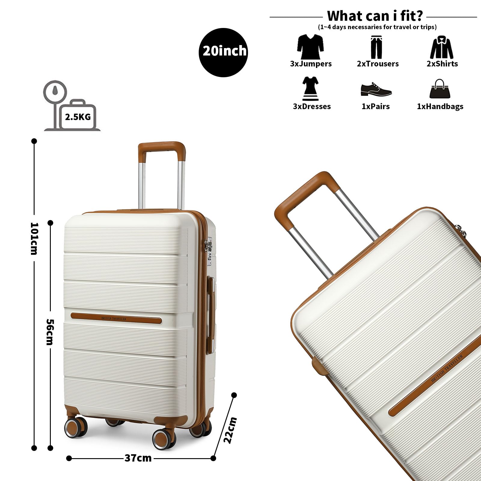 British Traveller Bagaglio a Mano 56x37x22 cm Valigia Trolley Rigida 4 Ruote, Bianco