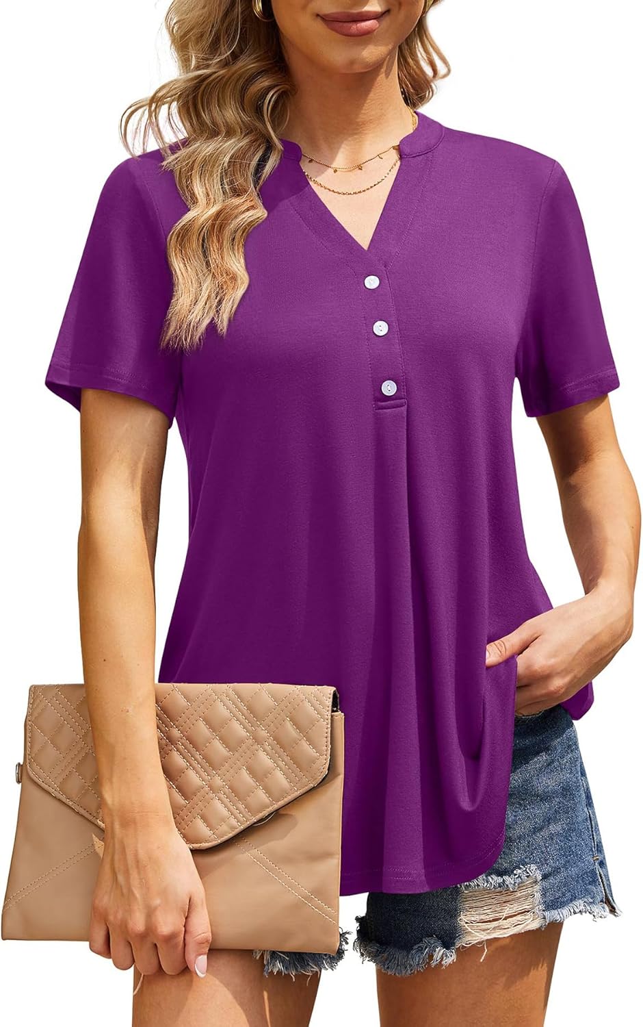 (Medium) AYIFU Womens Summer Tops Notch V Neck Blouses Short Sleeve Dressy Shirts Casual Tunic Medium Purple