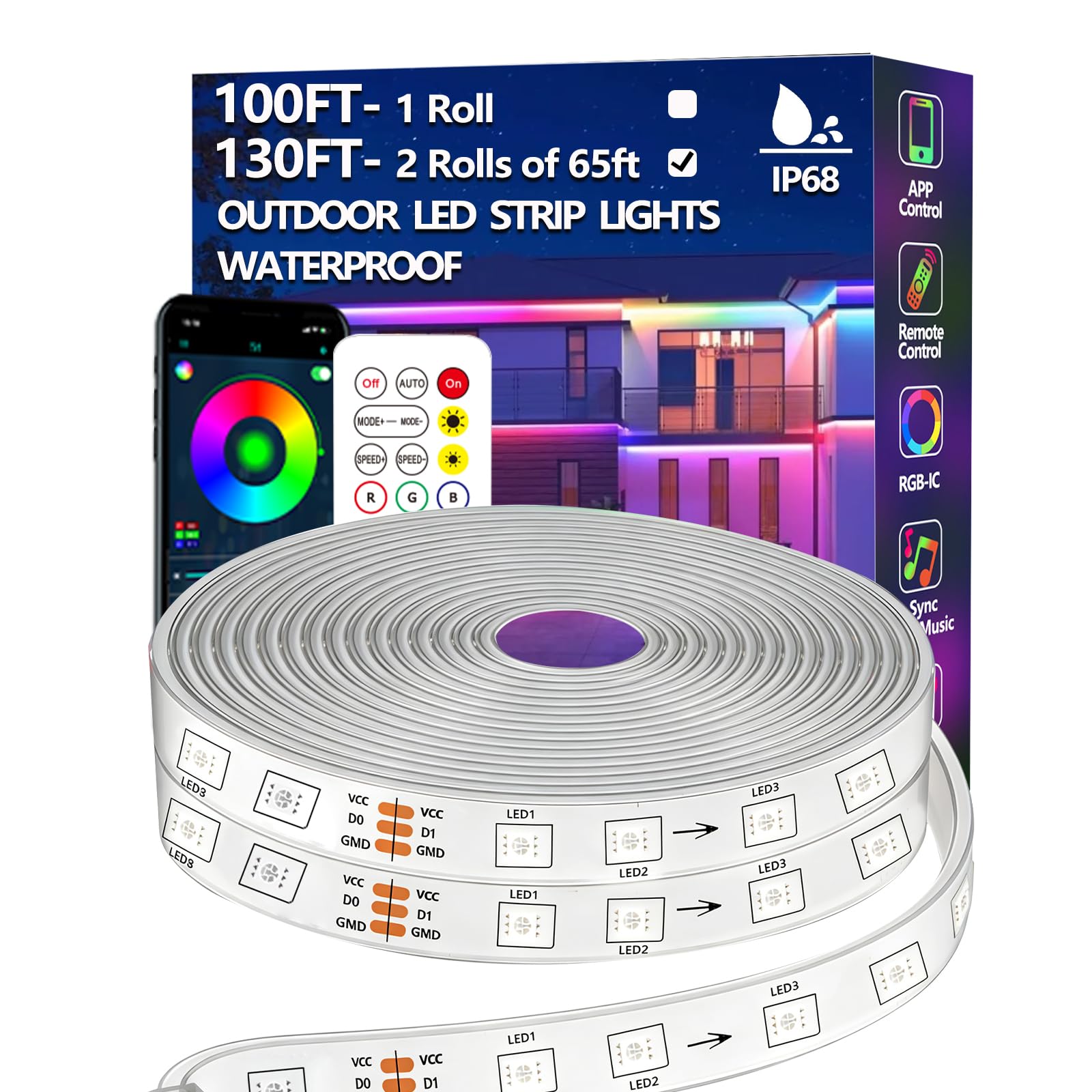 40m (2 Rolls 20m) RGB+IC LED Streifen,Außenbereich IP68 Wasserdicht,Steuerung mit App/Fernbedienung,Bluetooth Musik Sync Seillicht für Balkone,errassen,Dächer,Gärten,Schwimmbäder