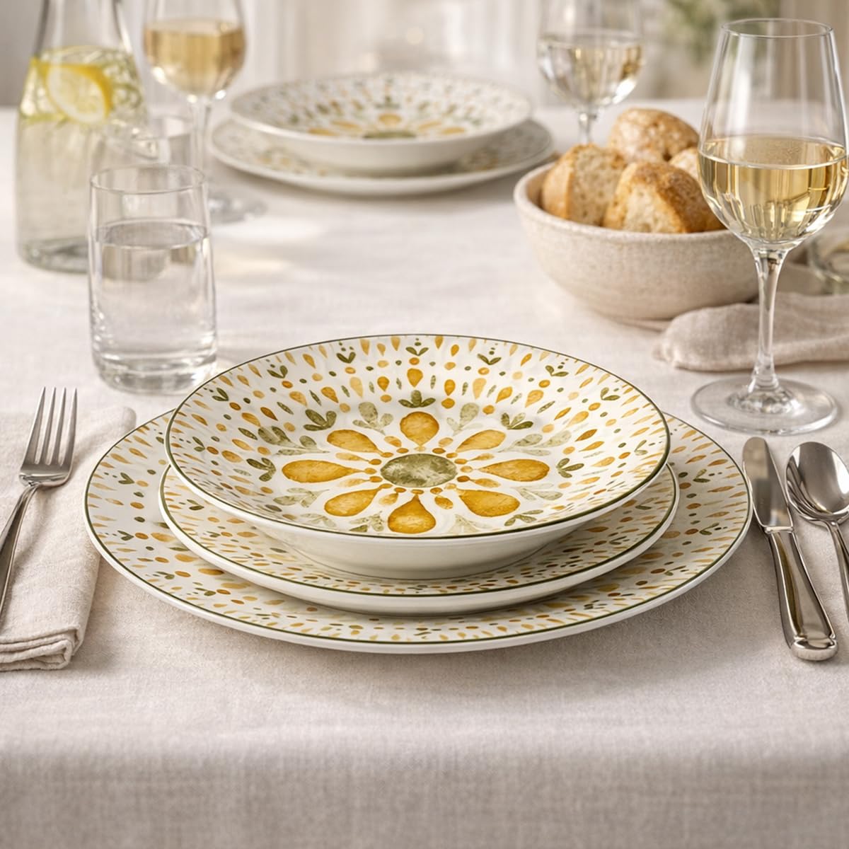 Arca Servizio Piatti 18 Pezzi Astra, Set Tavola per 6 Persone con Piatti Piani, Fondi e Dessert Decorati (GIALLO)