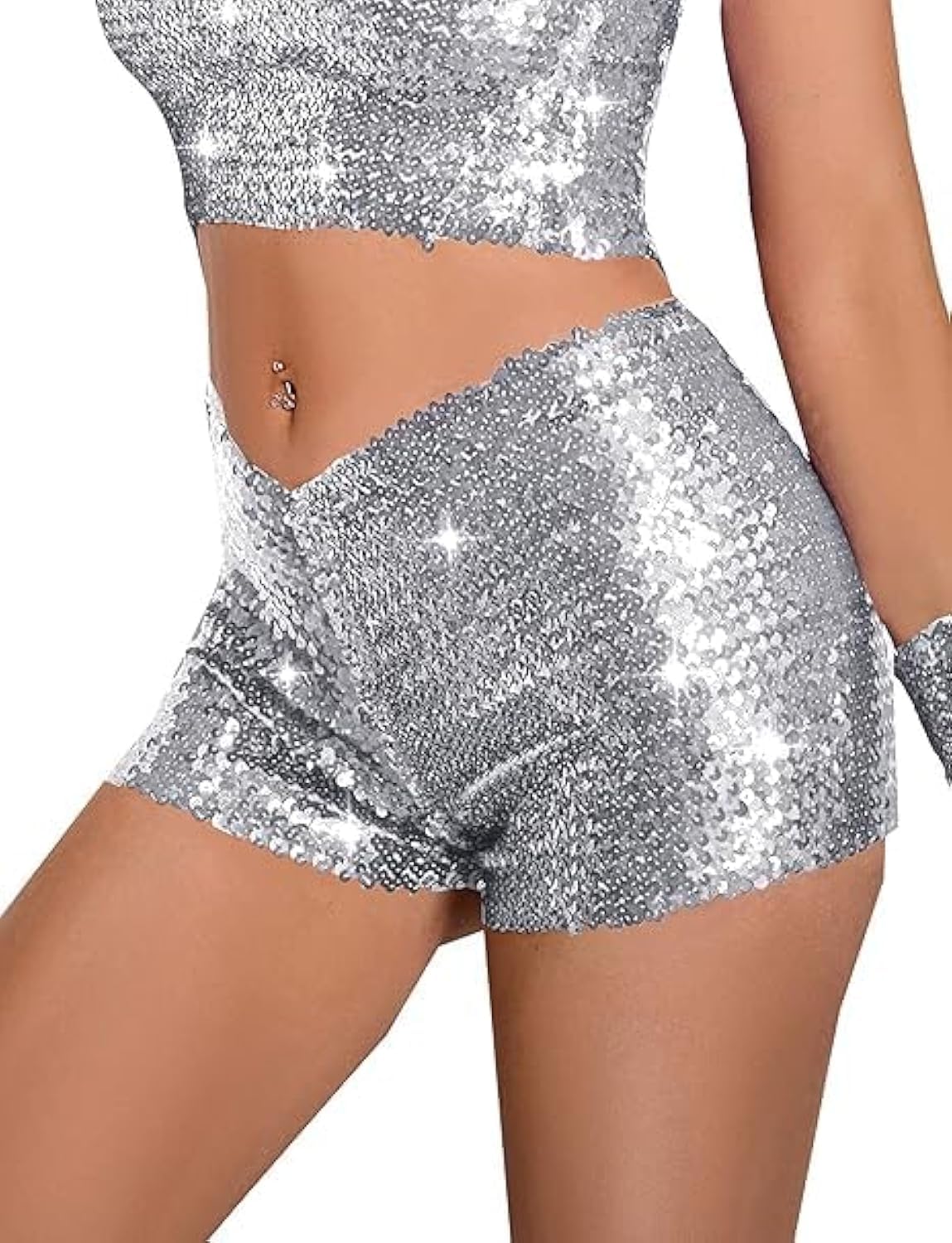 Women’s Sequin Shorts High Waist Stretch Glitter Shorts Shiny Clubwear Costume L Silvery