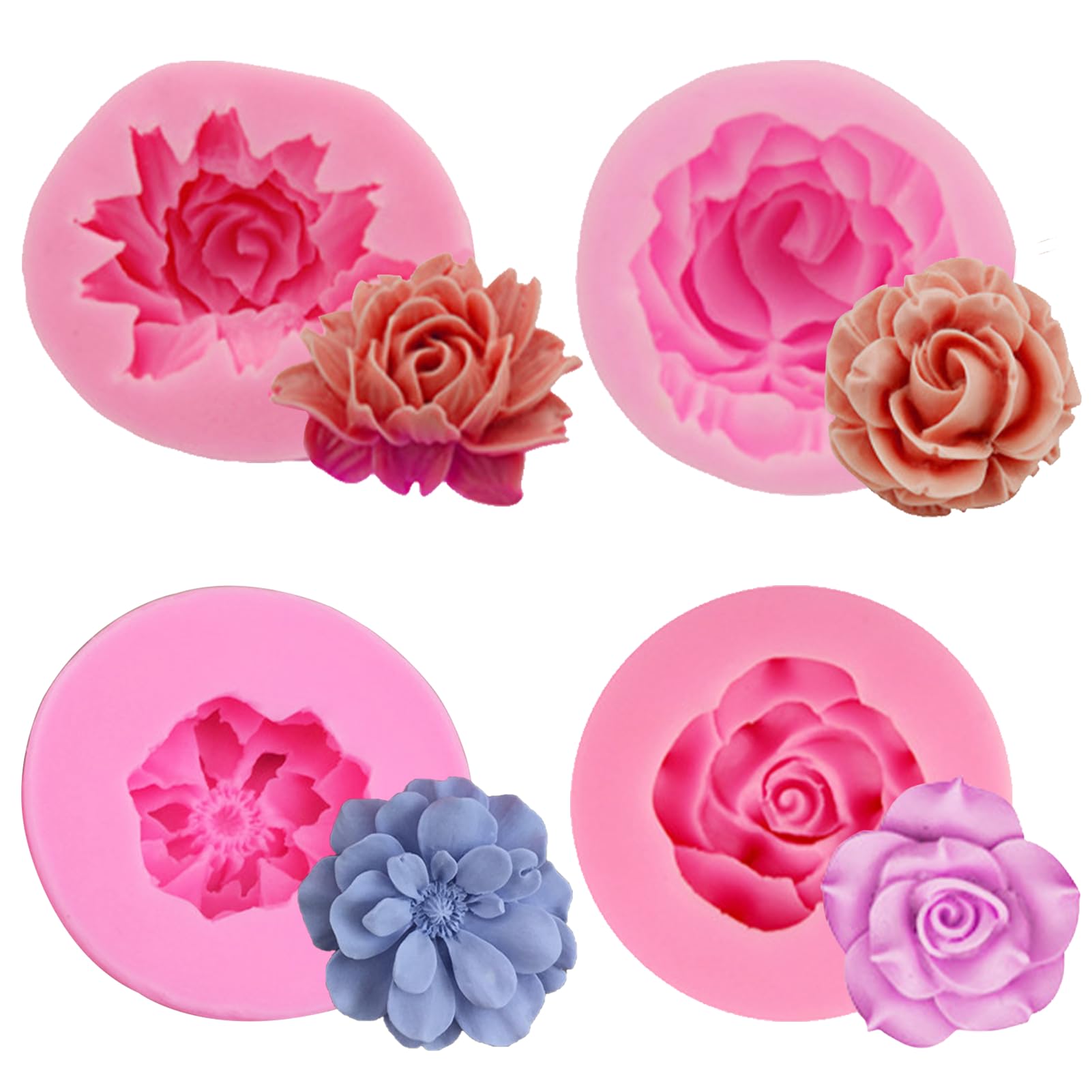 Moules Silicone Fleur HANIUTTY - Lot De 4 Formes 3D Rose - Pour Savon, Bougies, Chocolat, Pâtisserie - Food Safe