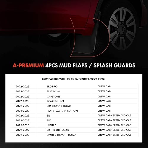Miniatura 6 de A-Premium Juego de 4 solapas de barro guardabarros con accesorios compatibles con Toyota Tundra 2022 2023 2022-2023 color negro delantero LH RH y