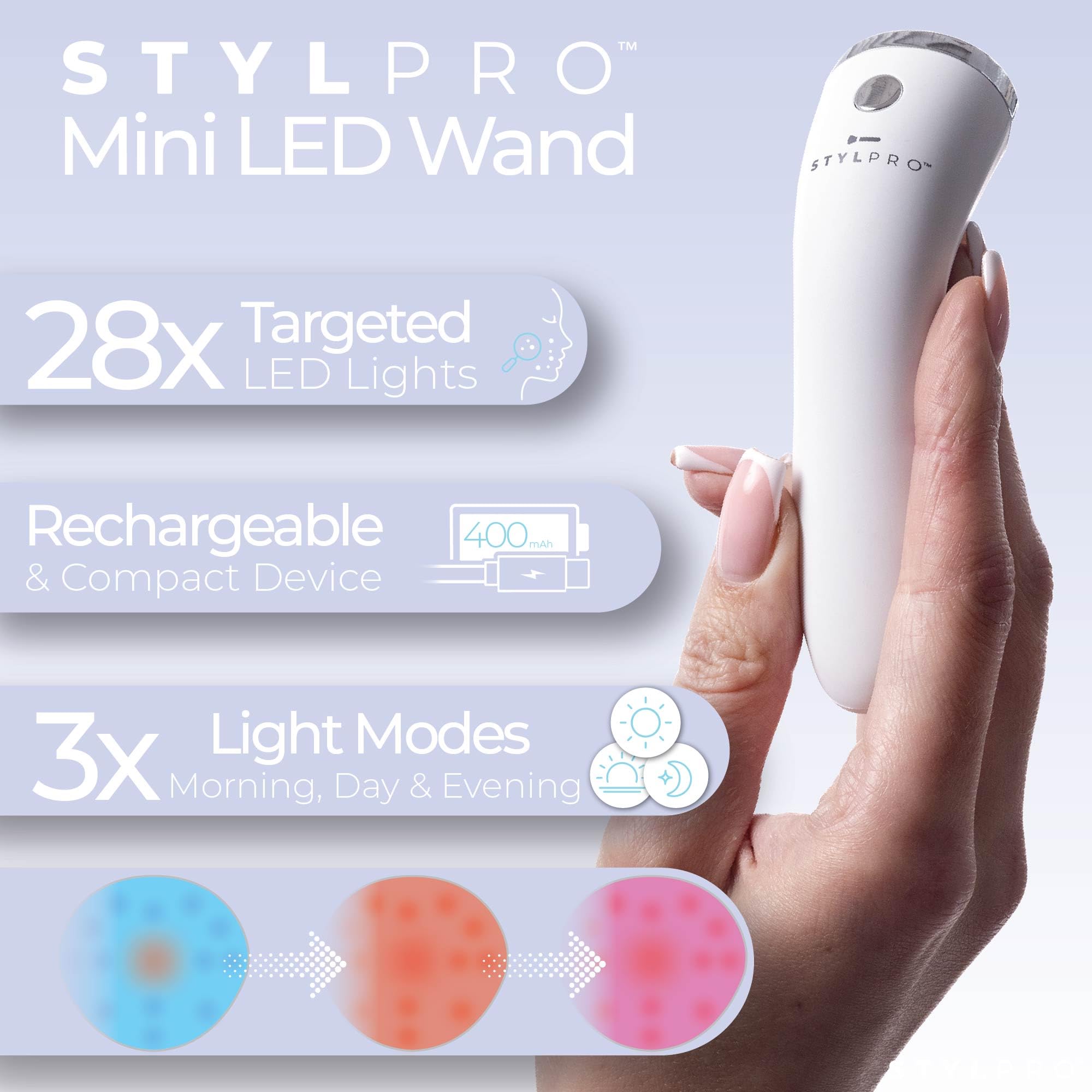 STYLPRO Mini LED Wand – Terapia della luce blu per la cura della pelle, aiuta a ridurre macchie, infiammazioni e arrossamenti, 3 modalità, 28 LED ad alta potenza, NIR, ricaricabile, compatto