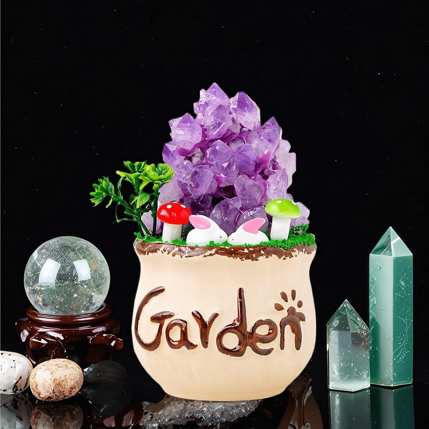 Feng Shui Modern Natural Amethyst Cluster Bonsai Crystal Decor, Crystal Healing Unique Home Office Desk Decoration for Women, Handmade Trinkets for Shelf Decor