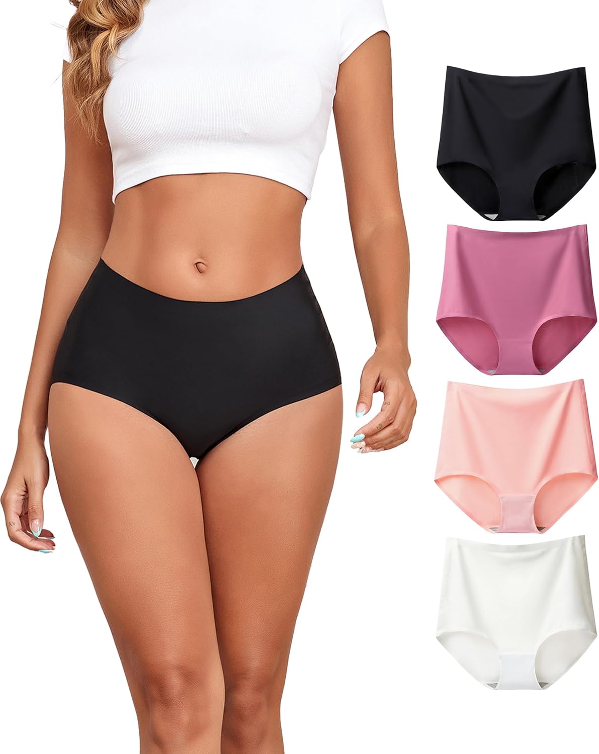 Womens Underwear Seamless No Show Panties High Waisted Briefs Breathable Full Coverage Underwear for Women 4 Pack
