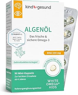 Omega 3 Kinder - 330 mg DHA pro Tagesdosis - Omega 3 vegan aus Algenöl - ohne Fischgeschmack - zuckerfrei - Algenöl Kapseln für Kinder - 100% vegan - White Omega Kids (90 Mini Kapseln)