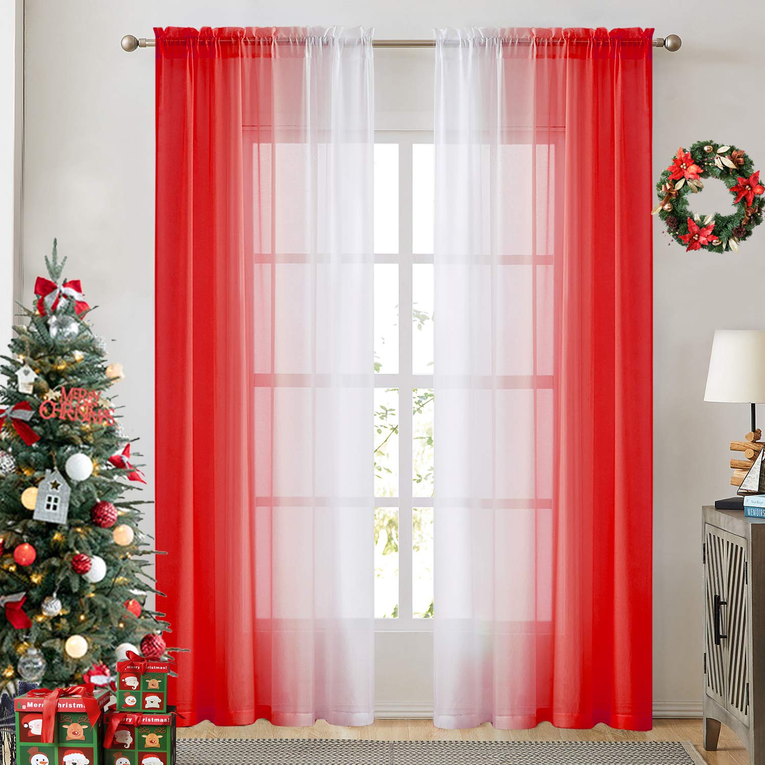 Ombre Faux Linen Sheer Curtains for Bedroom Living Room Rod Pocket, Privacy and Light Filtering, 2 Tone Reversible Gradient Voile Semi Window Curtains, Set of 2 Panels, Red, 54 x 84 Inch Length