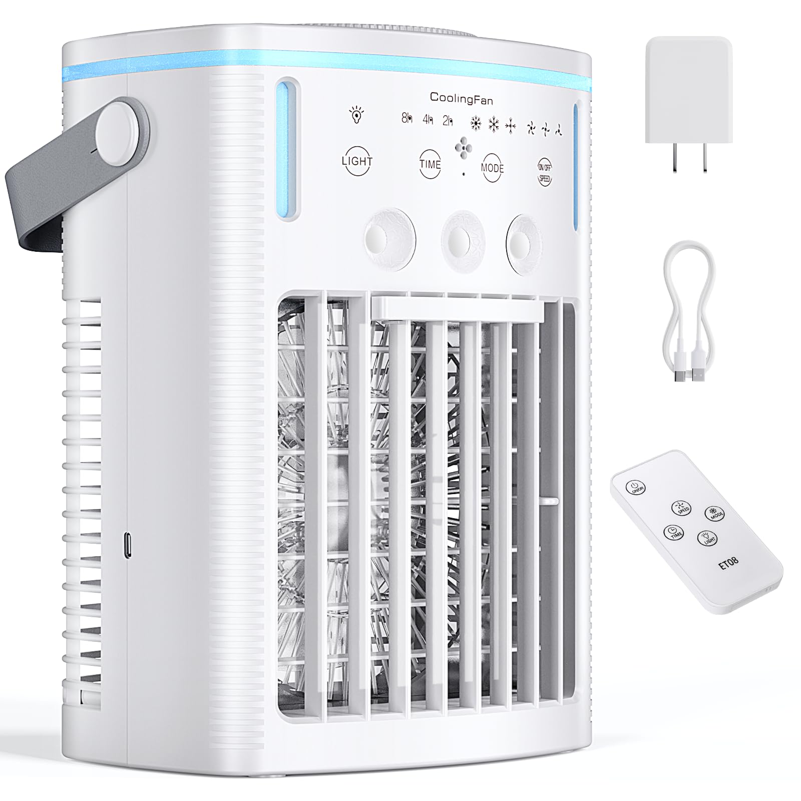 Portable Air Conditioners, New 4-in-1 Ultra-Quiet Portable AC Unit, 1000ML Water Tank Evaporative Air Cooler with 3-Cool Mist & 3-Speeds, Remote Control, 7 Color Light, 8H Timer for Bedroom,Office,Car