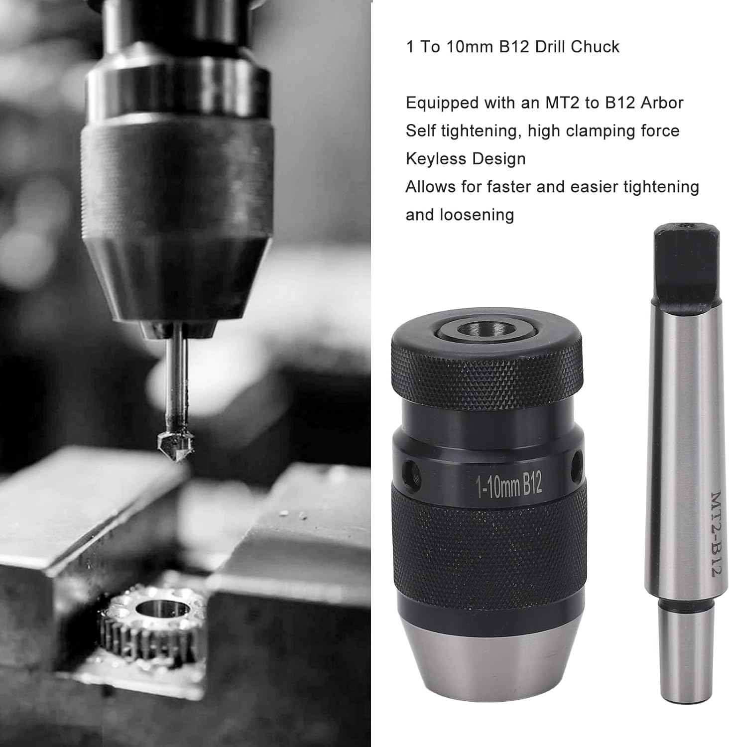 1-10mm Drill Chuck Arbor Kit B12 Keyless Self Tighten Chuck with High Clamp MT2-B12 Keyless Self Tighten Drill Chuck for Drilling Machines