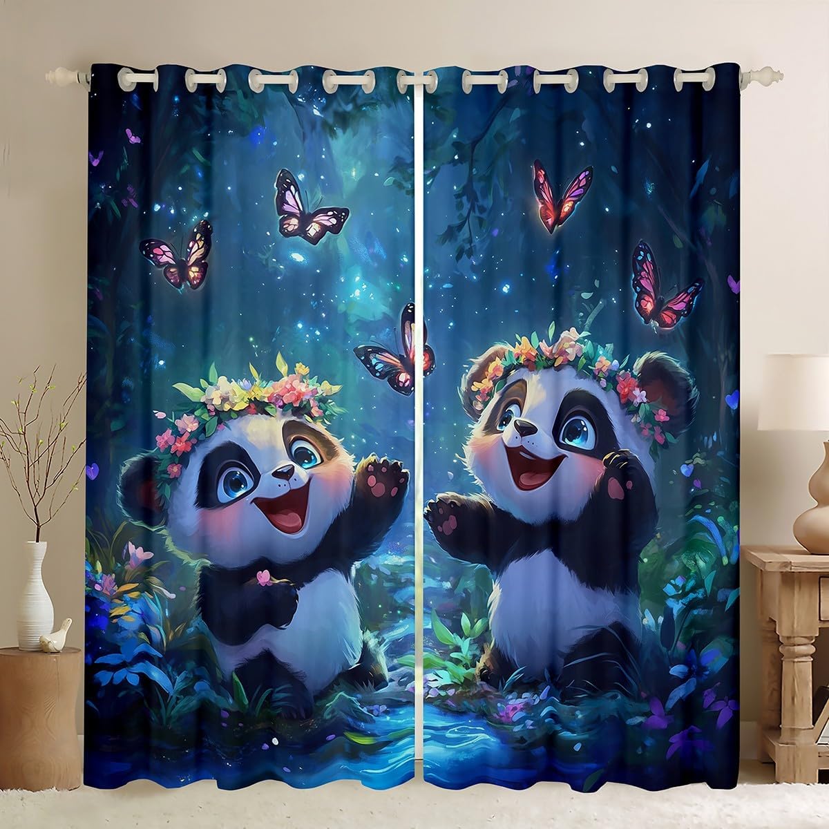 Kawaii Little Panda Window Curtain,Jungle Night Mystery Galaxy Sky Curtains for Kids Adult Room Decor,Window Treatment Curtain Watercoor Butterfly Wildlife Animal Window Drapes,38Wx45L