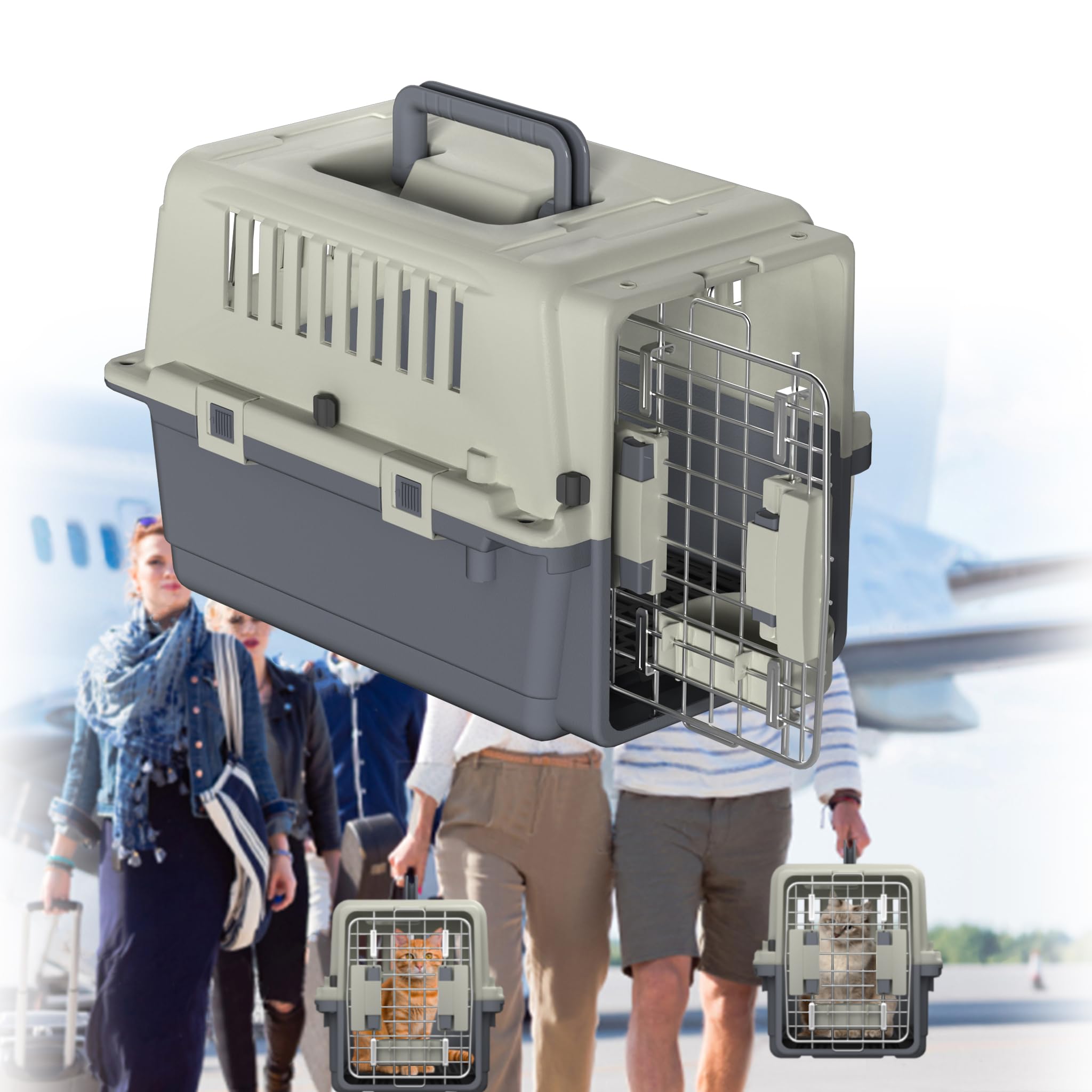 Caja de transporte XL para perros y gatos, caja de transporte para perros, conejos, cesta de plástico con puerta, ranuras de ventilación, barrera de orina y asa (60 x 39,5 x 44 cm)