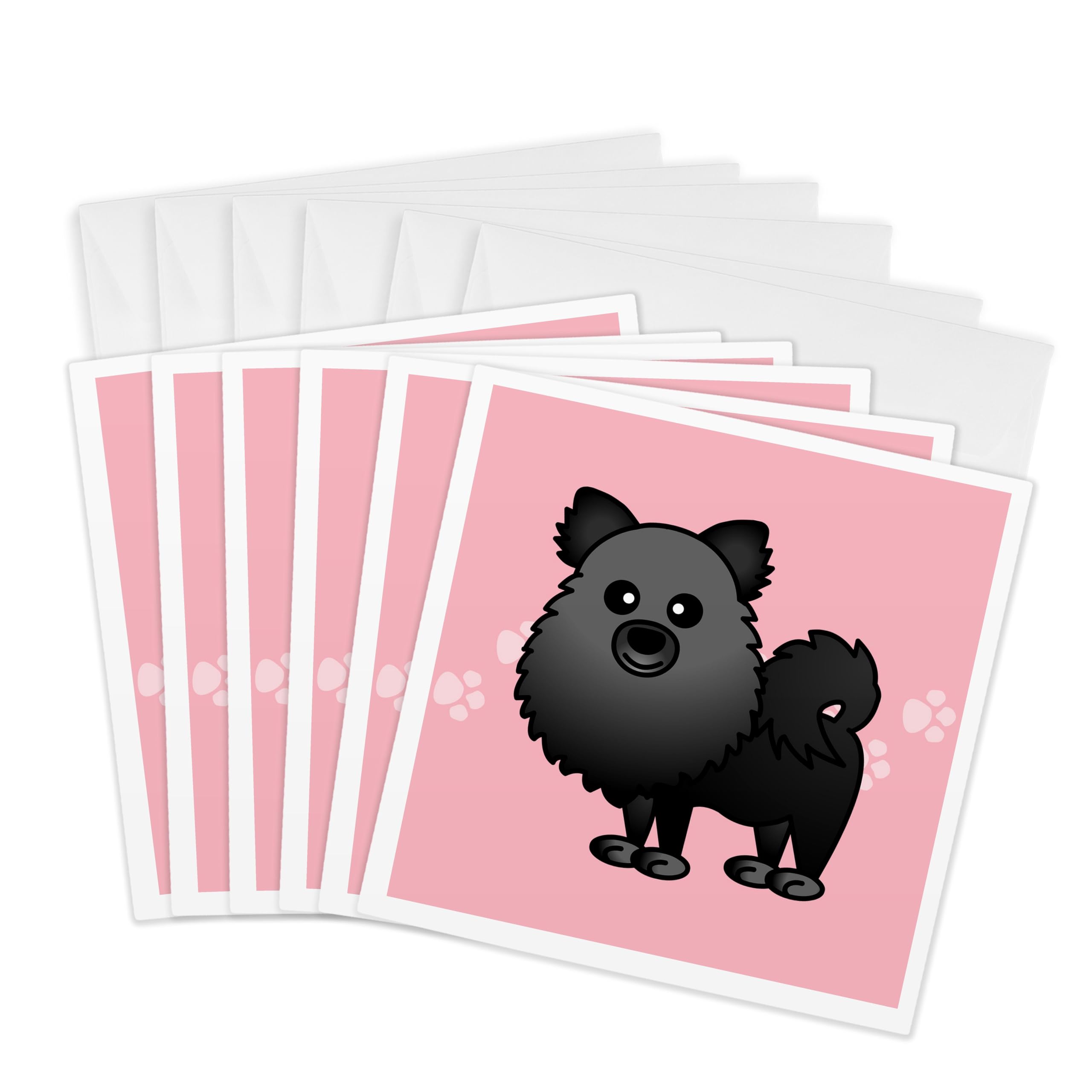 3Drose Cute Black Pomeranian Pink with Paw Prints - Greeting Cards, 6 by 6-inches, Set of 6 (gc_10828_1)