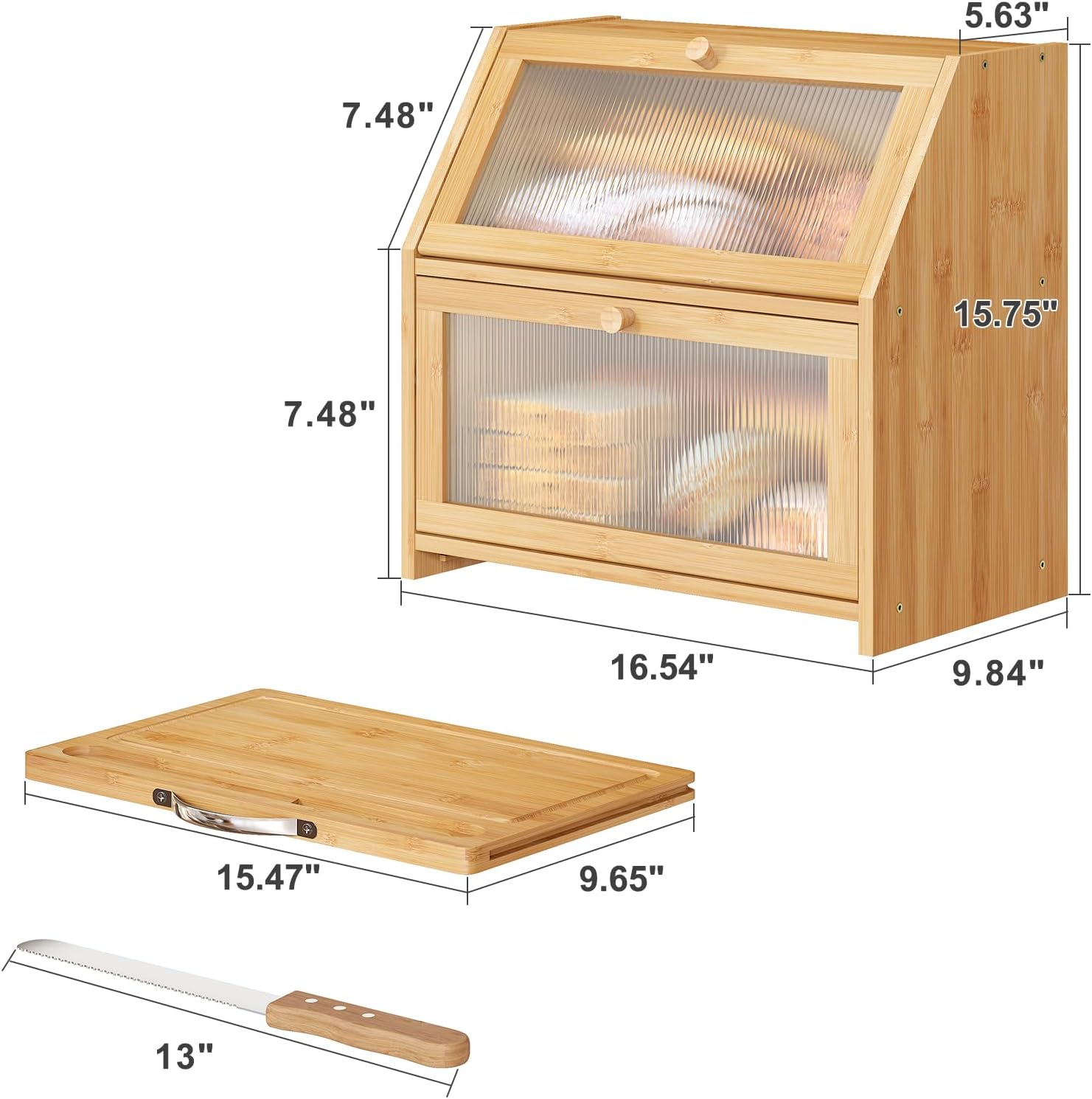 Extra Large Bread Box with Cutting Board Bamboo Wood Bread Box for Kitchen Counter, Double Layer Large Capacity Bread Storage Bin with Acrylic Wavy Door Panel (Natural)