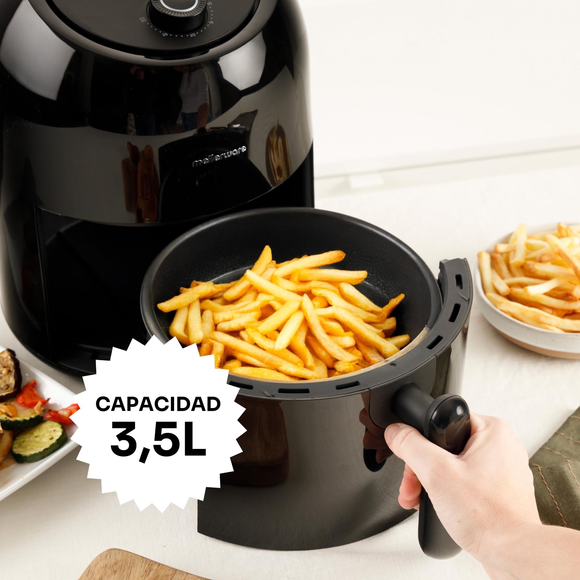 Mellerware - Freidora sin Aceite Crunchy Medium 1000W, 3,5 l, Temporizador Programable, Air Fryer 80-200ºC, Sin BPA/PFOA, Freidora de Aire Análogica, Negro