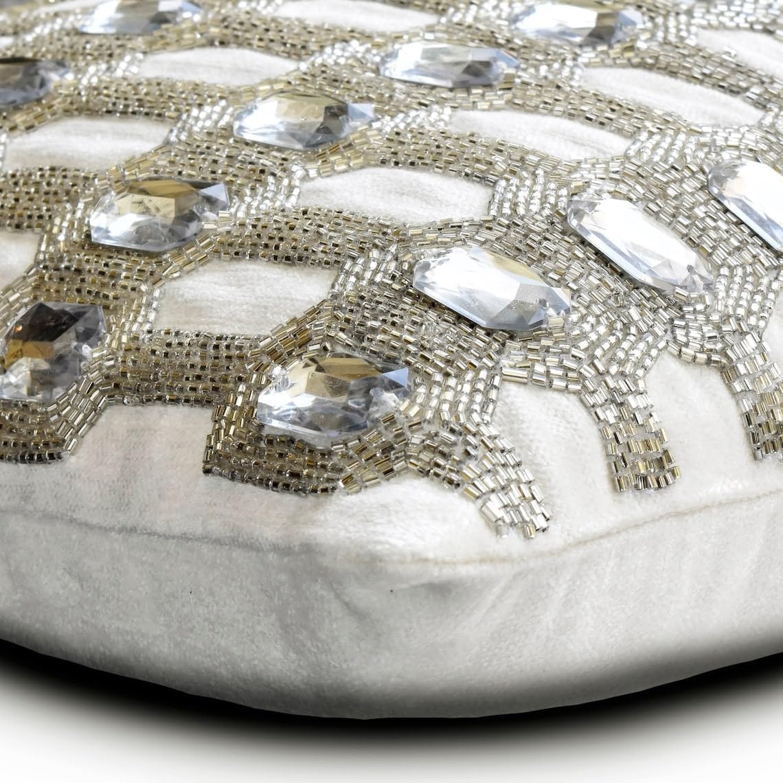 The HomeCentric Throw Pillow Cover, White & Silver 16"x16" (40x40 cm) Accent Cushion Covers, Silk Crystals, Beaded & Embroidery Throw Pillows for Sofa, Geometric Pattern Modern - Kohinoor