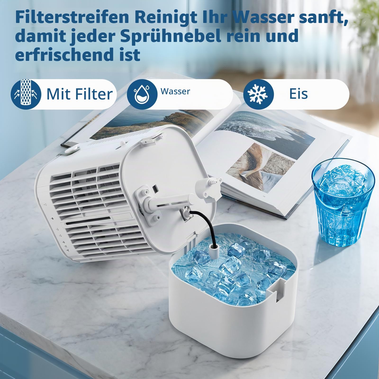 Mobile Klimaanlage, 120° Oszillation klimaanlage mobil, USB 4 in 1 klimaanlage ohne abluftschlauch mit 2/4 H Timer, 3 Geschwindigkeiten & 3 Nebelmodi, 7 Farben Mini Klimaanlage für Hause, Büro
