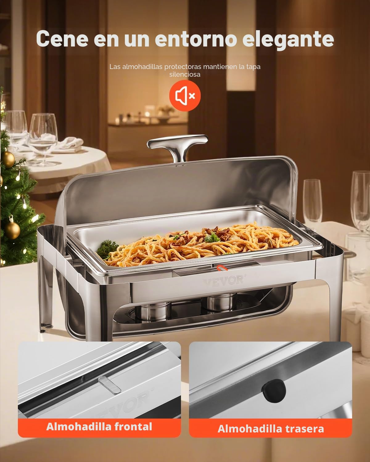 VEVOR Juego de Calentador de Alimentos Acero Inoxidable con Sartenes(8,5 L), Rectangular, Tapa Enrollable y Soporte para Bandeja Agua y Depósito de Combustible, para Bufé, Plata, Gran Capacidad