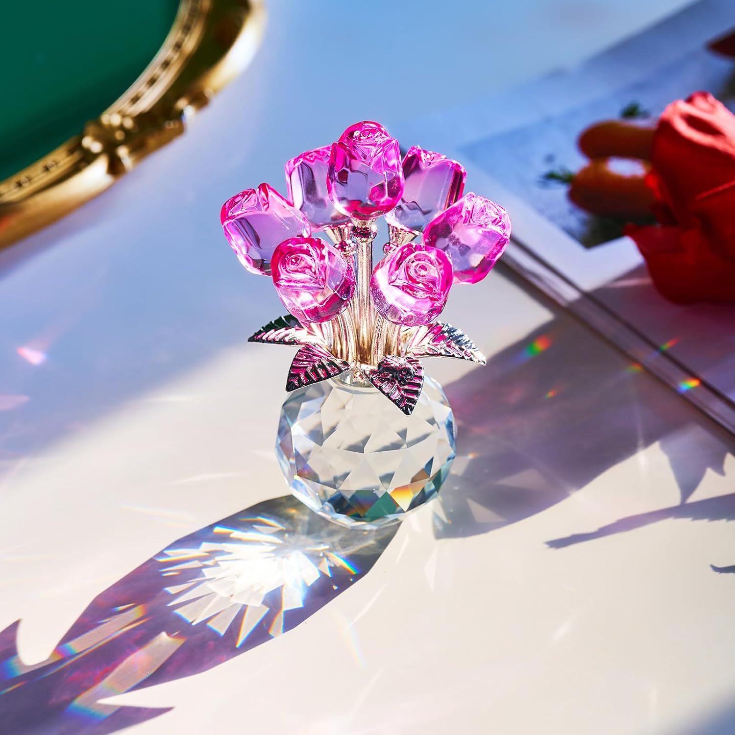 Crystal Pink Rose Flower Glass Flowers Decoration Birthday Gifts for Women Girl Wife Girlfriend Daughter Ornament Bouquet Collectible for Valentine's Day Wedding (Pink Rose 02) - Image 6