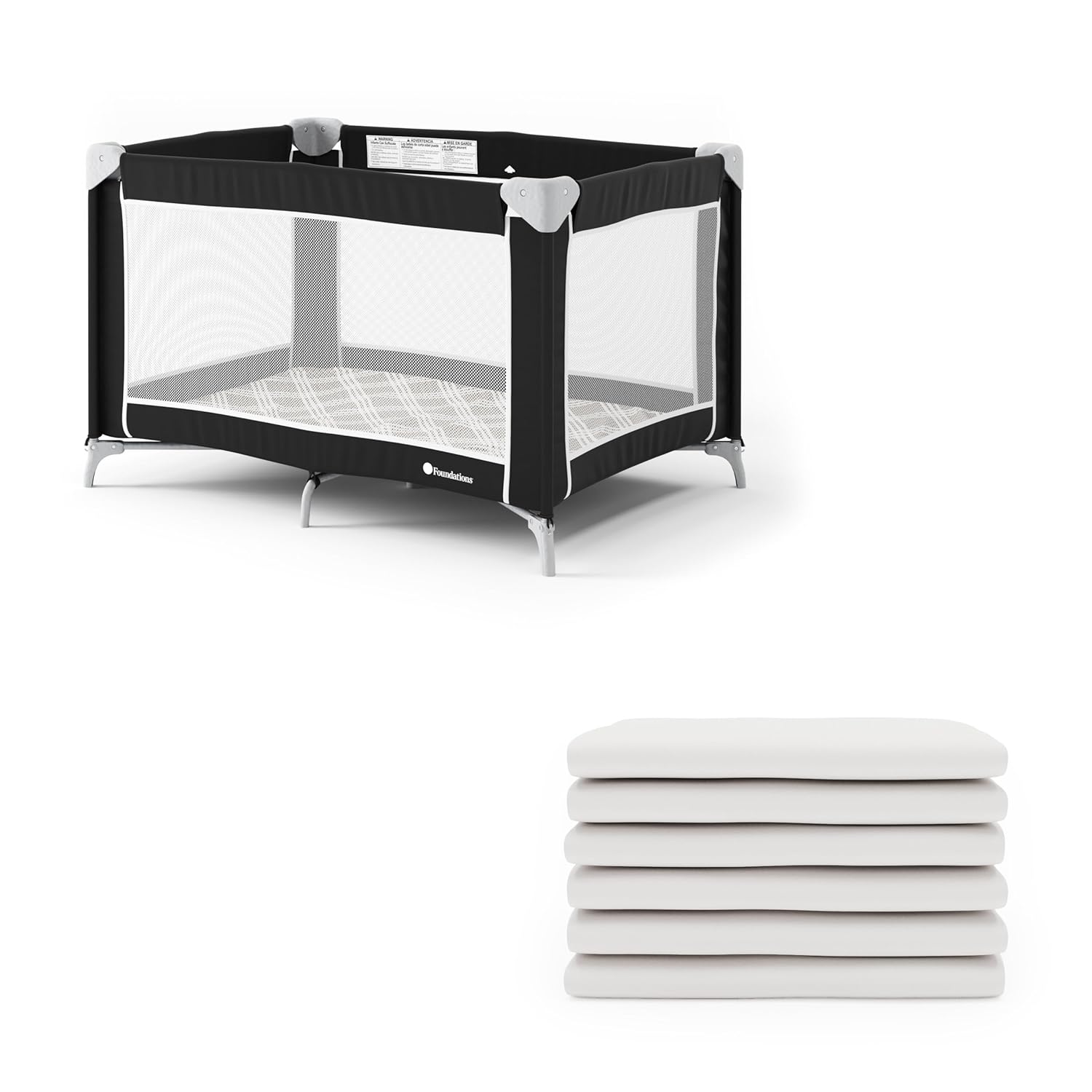 Foundations Sleep 'N Store Play Yard & Sheets Bundle, Commercial-Grade Playpen with Mattress, Storage Bag & 6 White Sheets, Durable for Hotels & Daycares