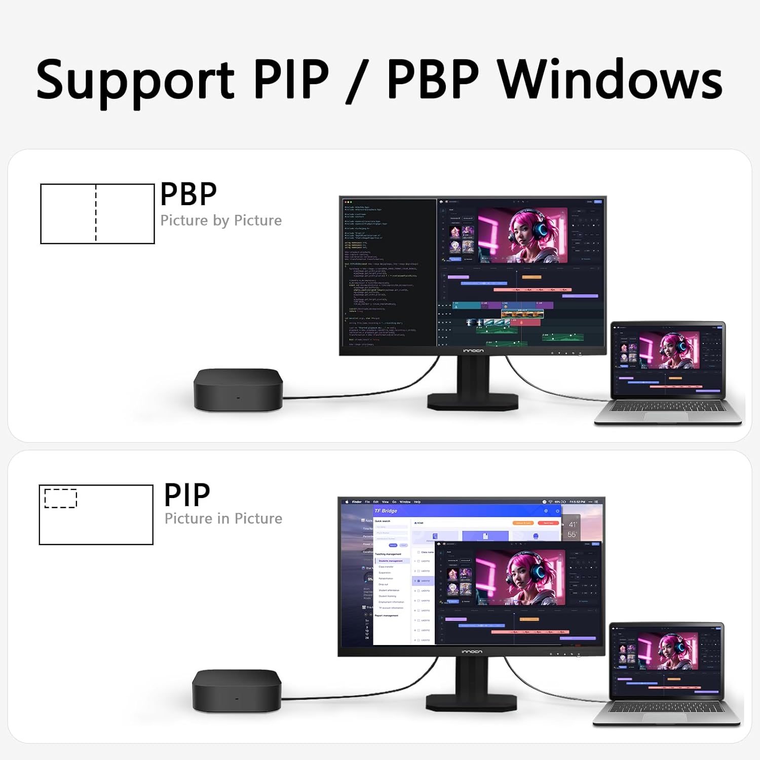 INNOCN 27D2U monitor showing PIP and PBP modes