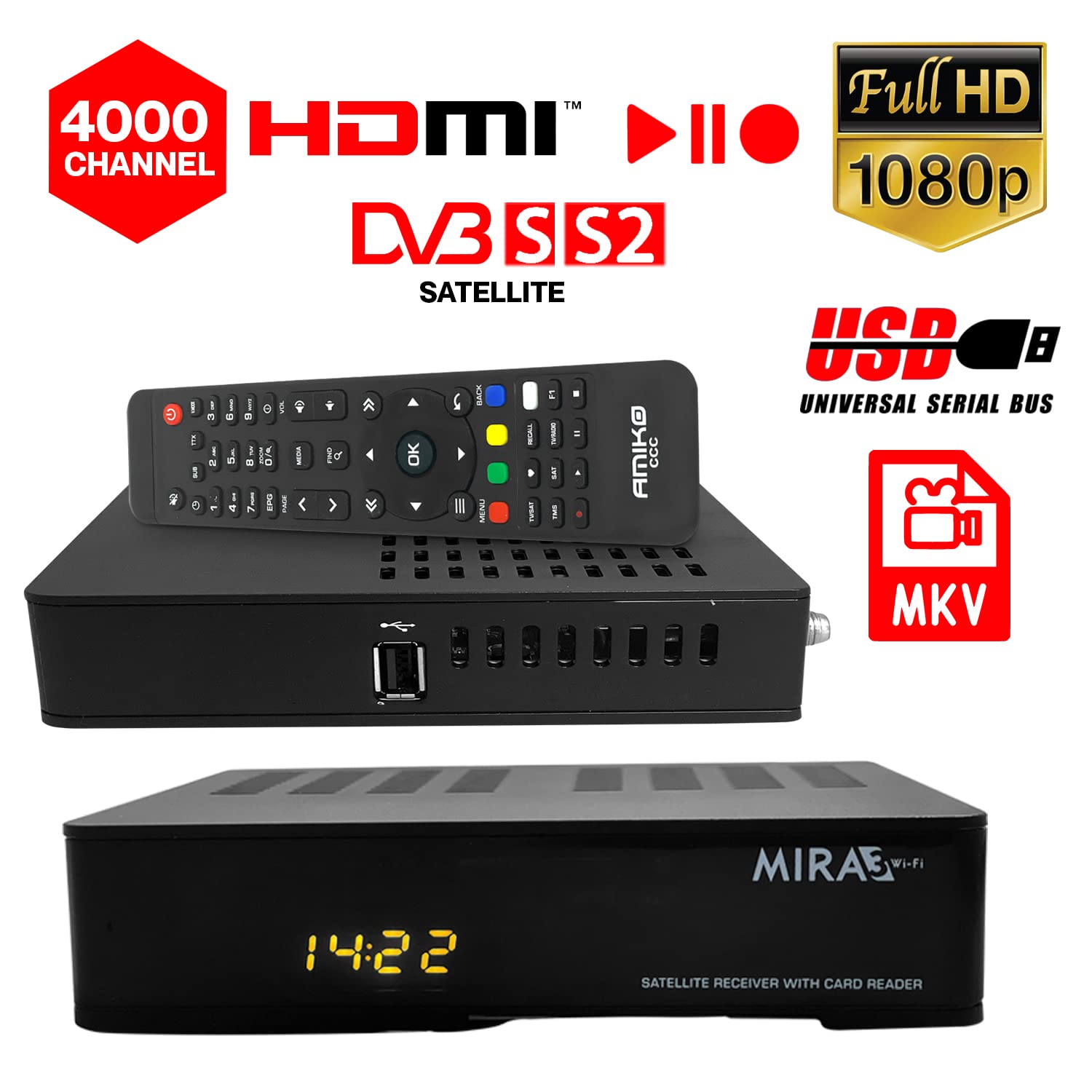 Amiko MIRA3 HD Satelliten-Receiver mit Aufnahmefunktion, Kartensteckplatz, Timeshift, HDMI, PVR, USB, WLAN