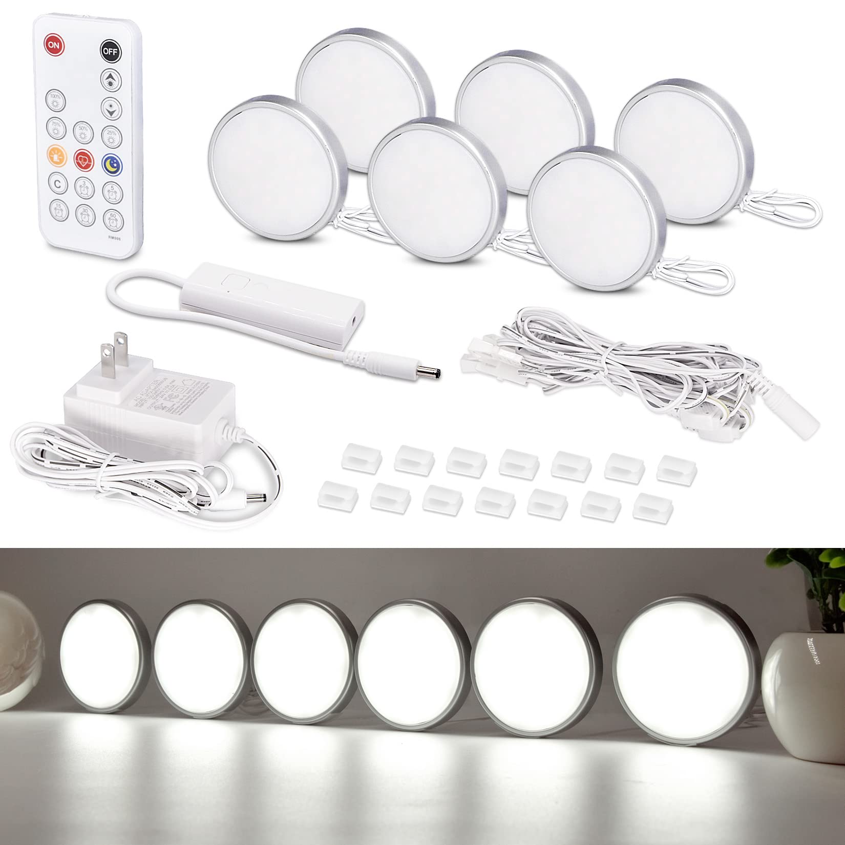 WOBANE LED Puck Lights, Wired Under Cabinet Lighting Kit with Remote, Dimmable LED Counter Lighting for Kitchen,Closet,Bookshelf,Shelf,1050lm,6000K White,Super Bright,Timing, Set of 6