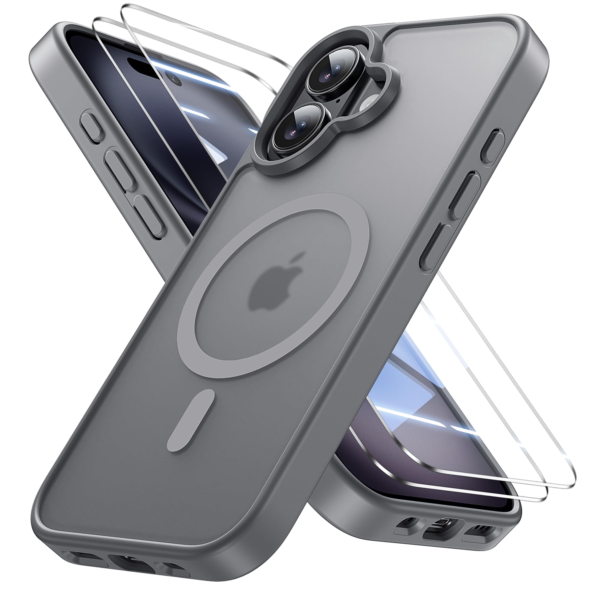 Bruzaio iPhone 17 用 ケース【強化フィルム2枚付き】Magsafe対応・米軍規格 いphone17 スマホケース 半透明 耐衝撃 指紋防止 滑り止め マグネット搭載 ワイヤレス充電 耐久性 黄ば 全面保護 あいふおん17ケース 6.3インチ用，グレー