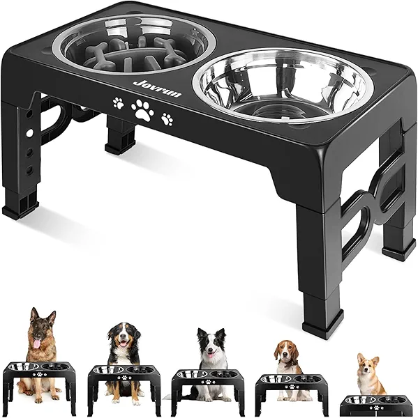 Jovrun Elevated Dog Bowls, Dog Feeder with Stainless Steel Dishes & Slow Feeder Bowl, 5 Heights Adjustable Raised Stand for Medium Large, Food Dishes with Non-Slip Feet