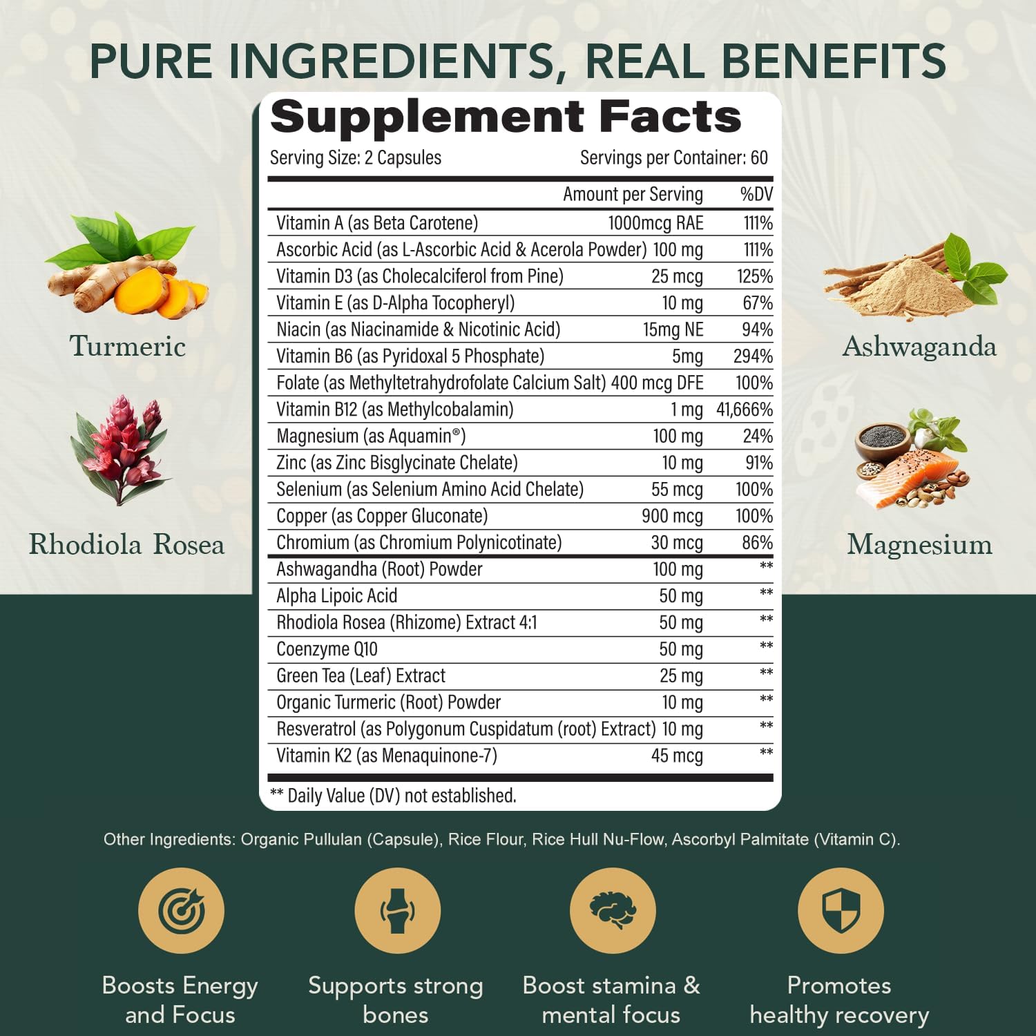 Multivitamin for Men with Vitamin D, K2, Zinc, Vitamin B12, A, E, B6, Calcium – Immune Health & Energy Support Daily Mens Multivitamins – Gluten Free, Vegan, Unflavored Supplements (120 Capsules) - Image 3