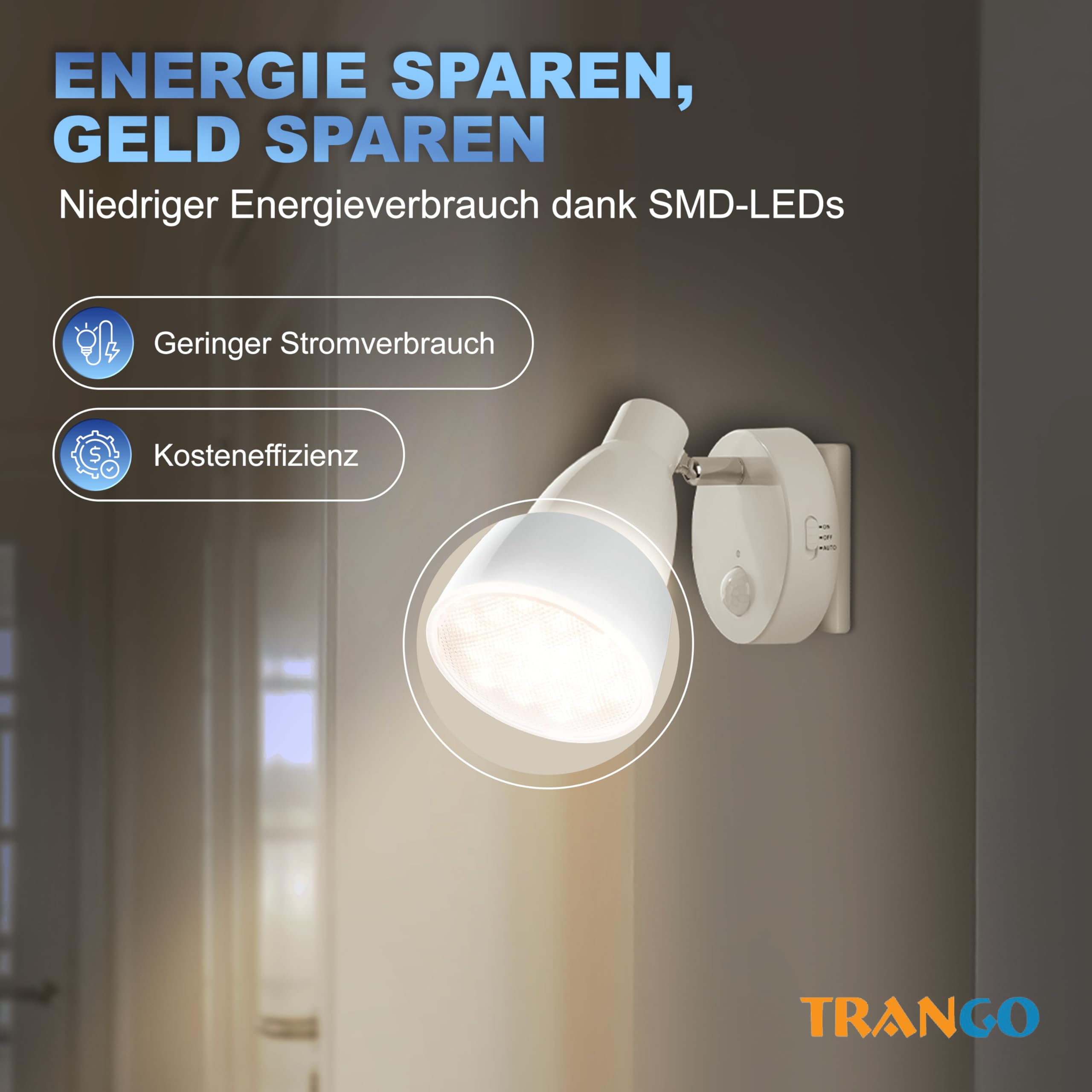 Trango set di 2 Luce notturna a LED TG2635-026 in bianco con funzione automatica 230V con sensore di movimento, luce di sicurezza, lampada a zoccolo, lampada a parete notturna, luce di orientamento