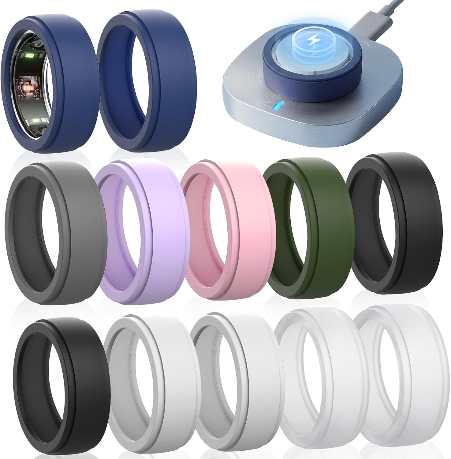 8 Pack Ring Covers for Oura Ring Gen 3 & Gen 4 (Ceramic), Anti-Scratch Elastic Silicone Ring Protector, Full Coverage Protective Sleeves for Workout & Daily Wear, Size M (Ring Size 11/12/13/14/15)