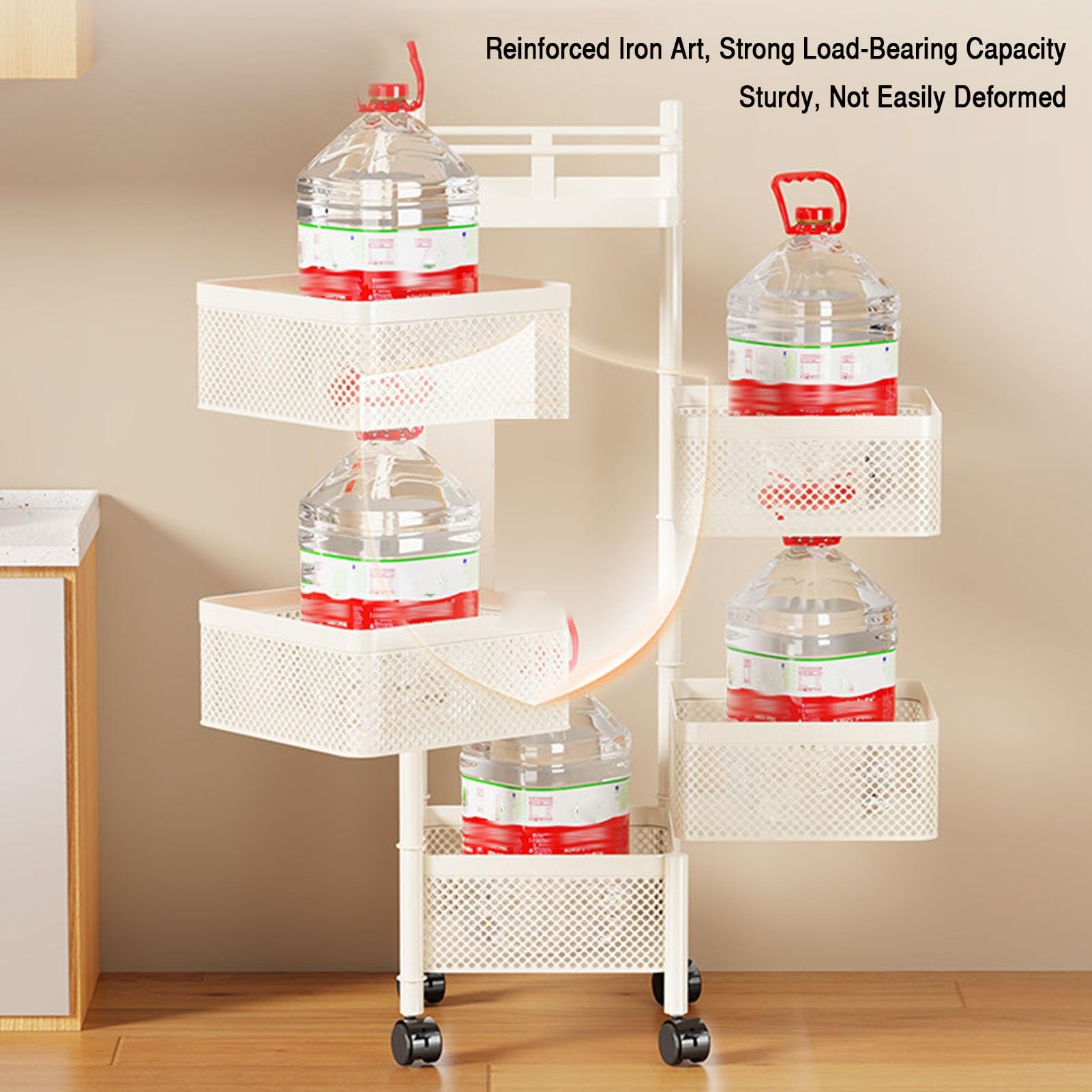 Cesto portaoggetti girevole, scaffale multistrato per cucina e bagno, organizer girevole a 5 ripiani per frutta e verdura con ruote, design salvaspazio