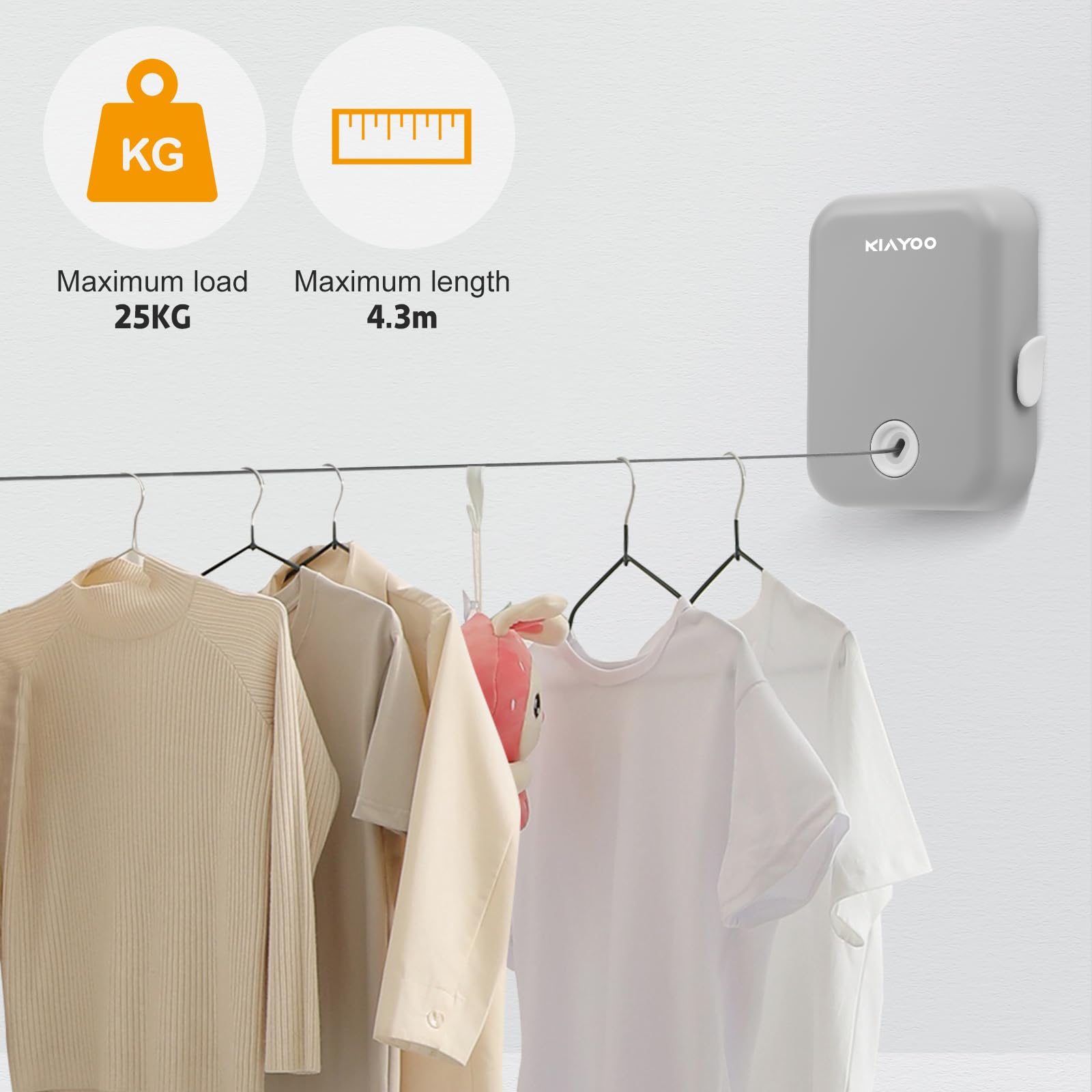 Corda Stendibiancheria Retrattile Da Parete KIYOO - 4.3m, Carico 25kg, Per Interno/Esterno - Foto 9