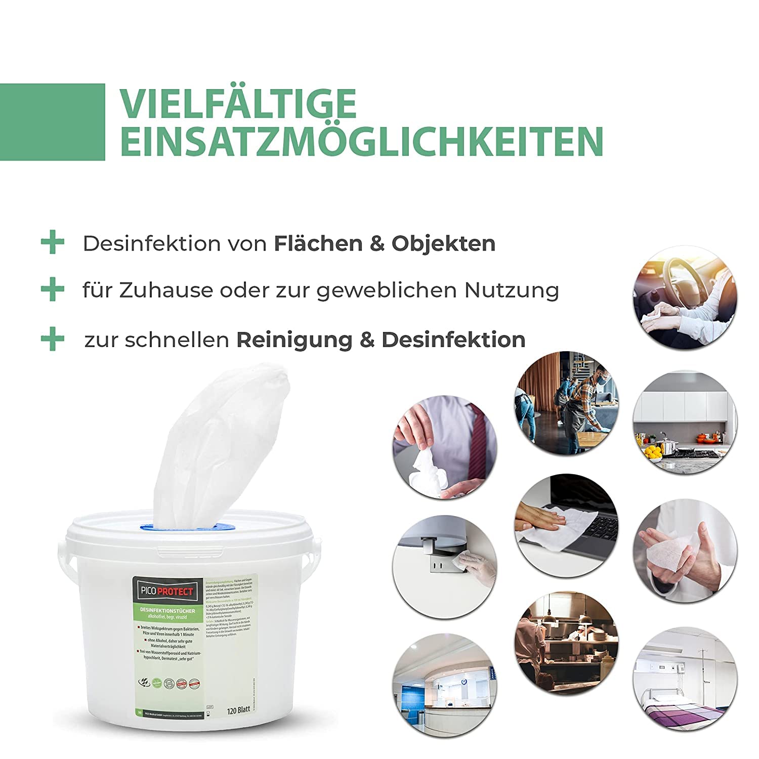 30, Desinfektionstücher, 120 Blatt im Eimer, alkoholfrei, Desinfektionstücher für Flächen und Gegenstände - Alkoholfreie Tücher zum Desinfizieren - Blattgröße 30x25cm