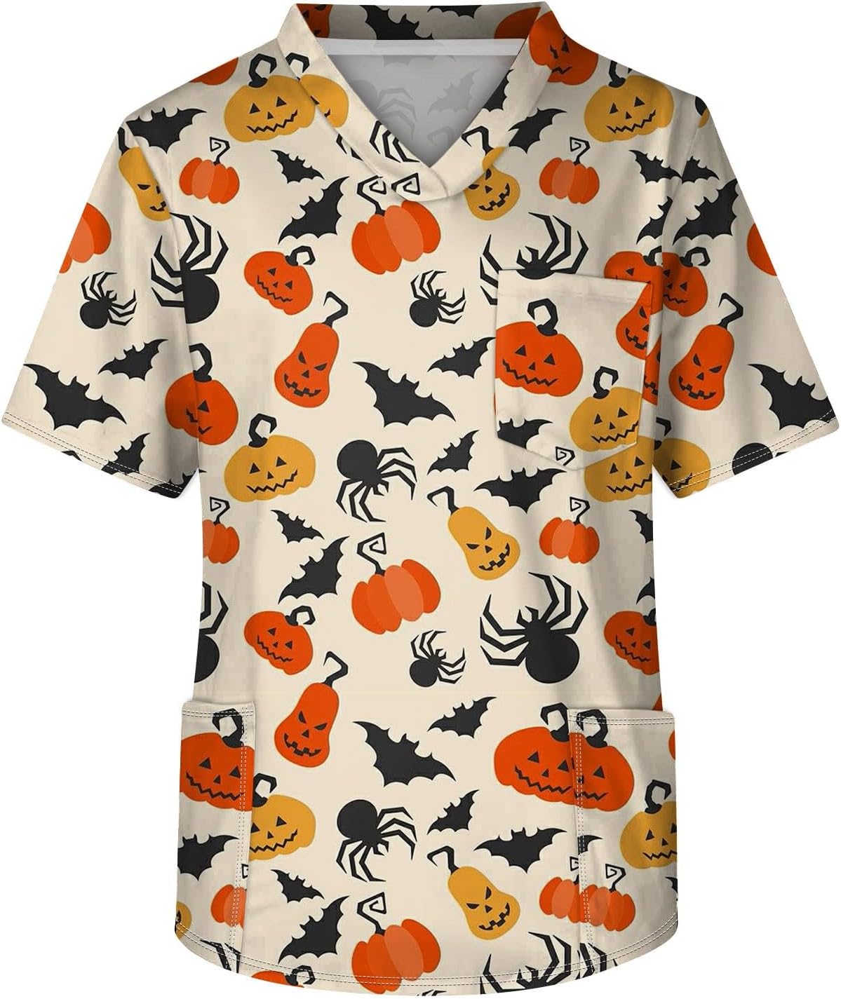 SGASY 2024 Men's Fit Halloween Scrub Tops Plus Size V-Neck Short Sleeve Funny Medical Workwear with 3 Pocket S-5XL