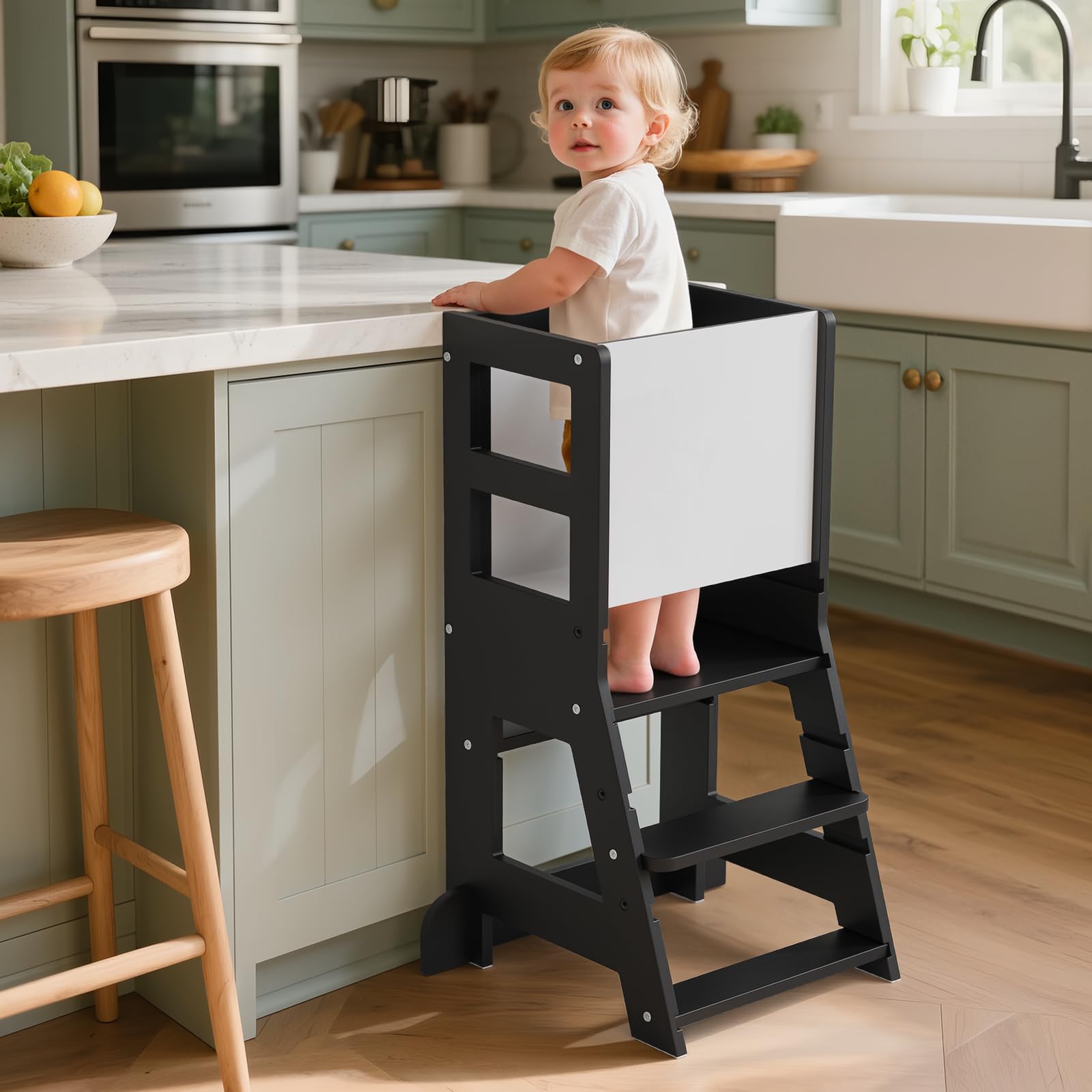 KIDINIX Kinder Lernturm ab 1 Jahr, Learning Tower mit Tafel, Höhenverstellbar, Montessori-Lernstuhl für Küche und Bad, Kippsicher, Schwarz