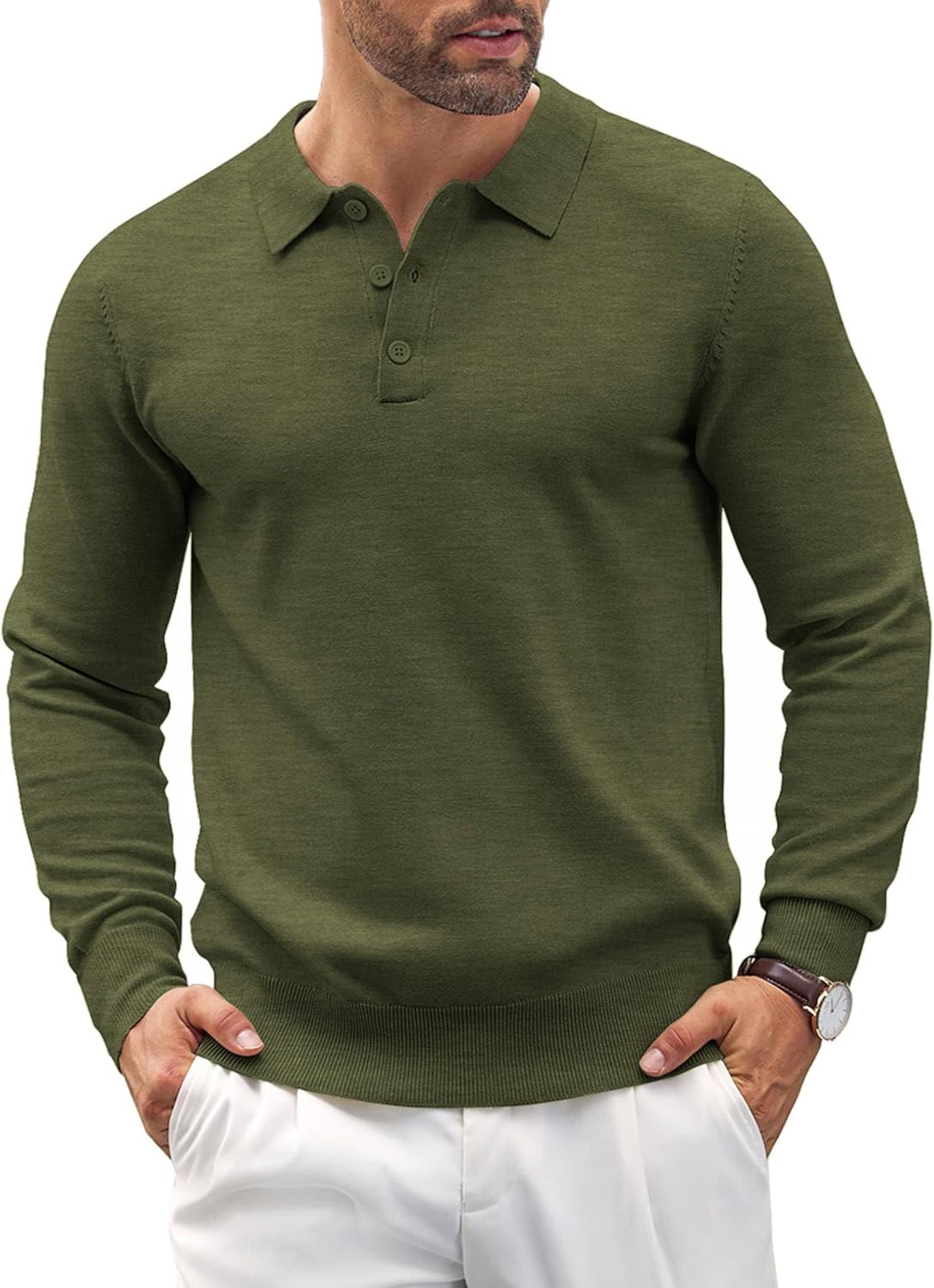COOFANDY Mens Knit Polo Shirts Casual Long Sleeve Classic Polo Shirts Button Down Golf Shirts