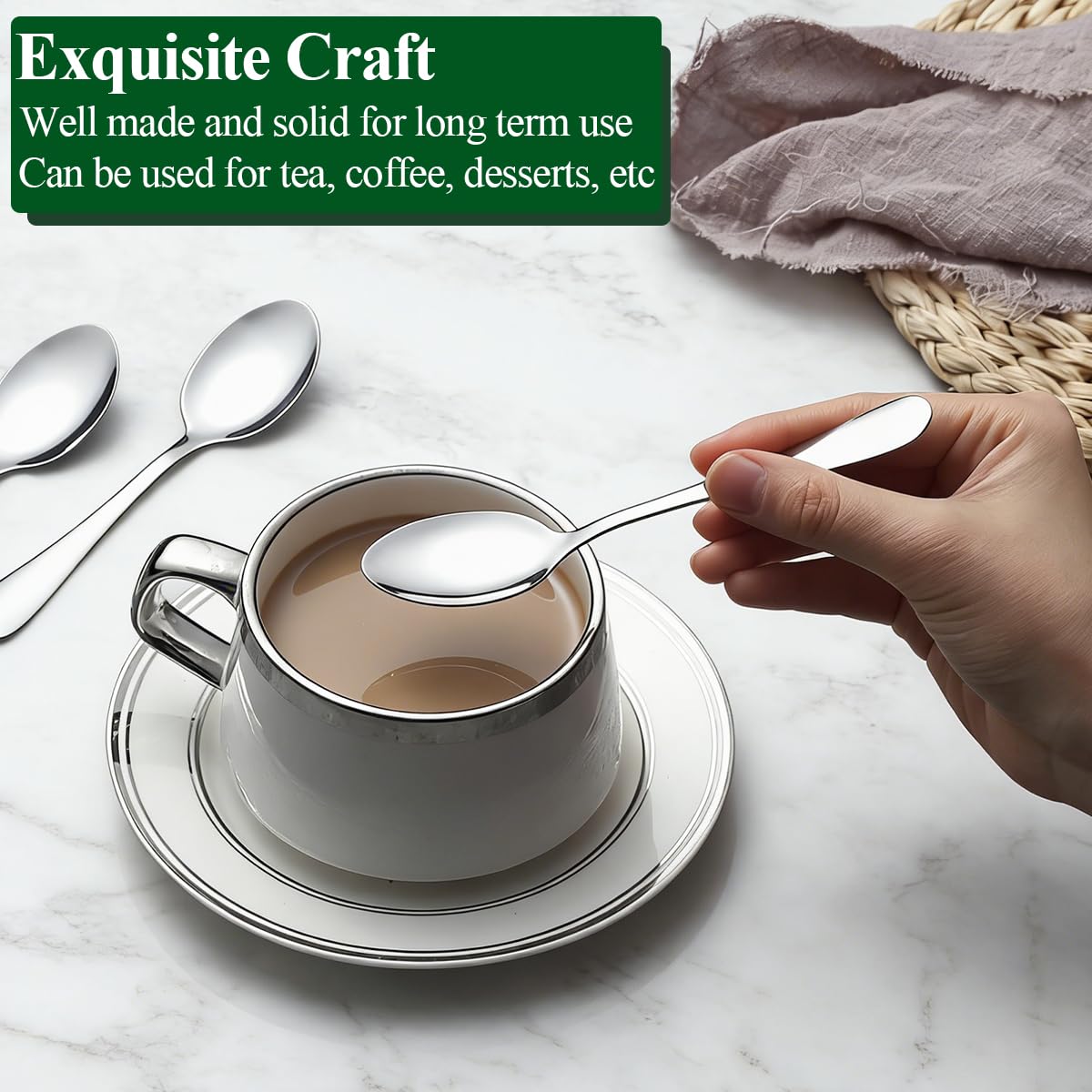 Cuillères à Café 12 Pièces 14cm, Berglander Set de Petites Cuillères en Acier Inoxydable pour Thé, Dessert, Glace, Espresso Demitasse, Cuillère Métal pour Maison, Cuisine, Restaurant, Fête, Mariage