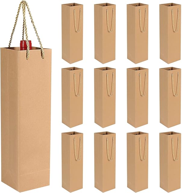 Kraft Paper Wine Gift Bags with Handles, 12PCS Sturdy Single Bottle Wine Holder Tote Bag for Christmas, Party, Shopping, Retail Merchandise (Brown)