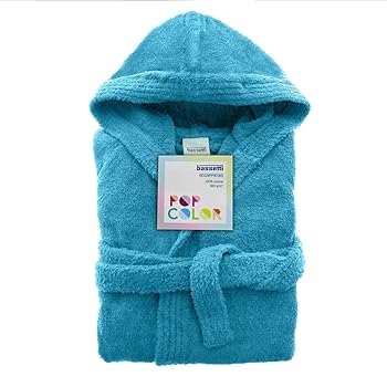 Accappatoio In Spugna Di Cotone 100% Con Cappuccio - Taglia M/L, Celeste, Morbido E Assorbente - Foto 6