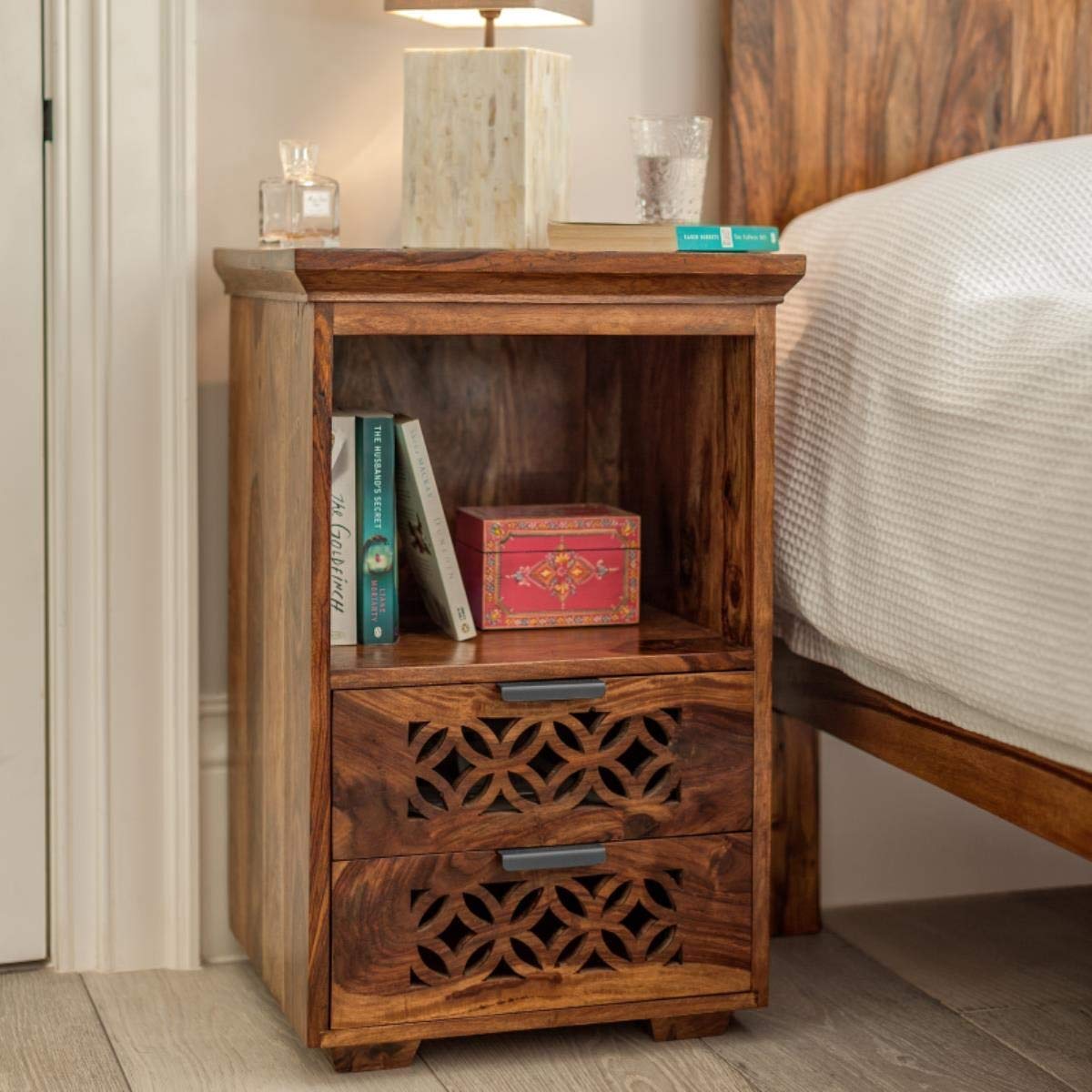 Sheesham Wood Bedside Table | Wooden Bed Side Tables with Drawer | Nightstand Side Table for Bedroom | Night Stand End Table with 2 Drawers & Shelf Storage for Home | Rosewood, Natural Honey-image-15