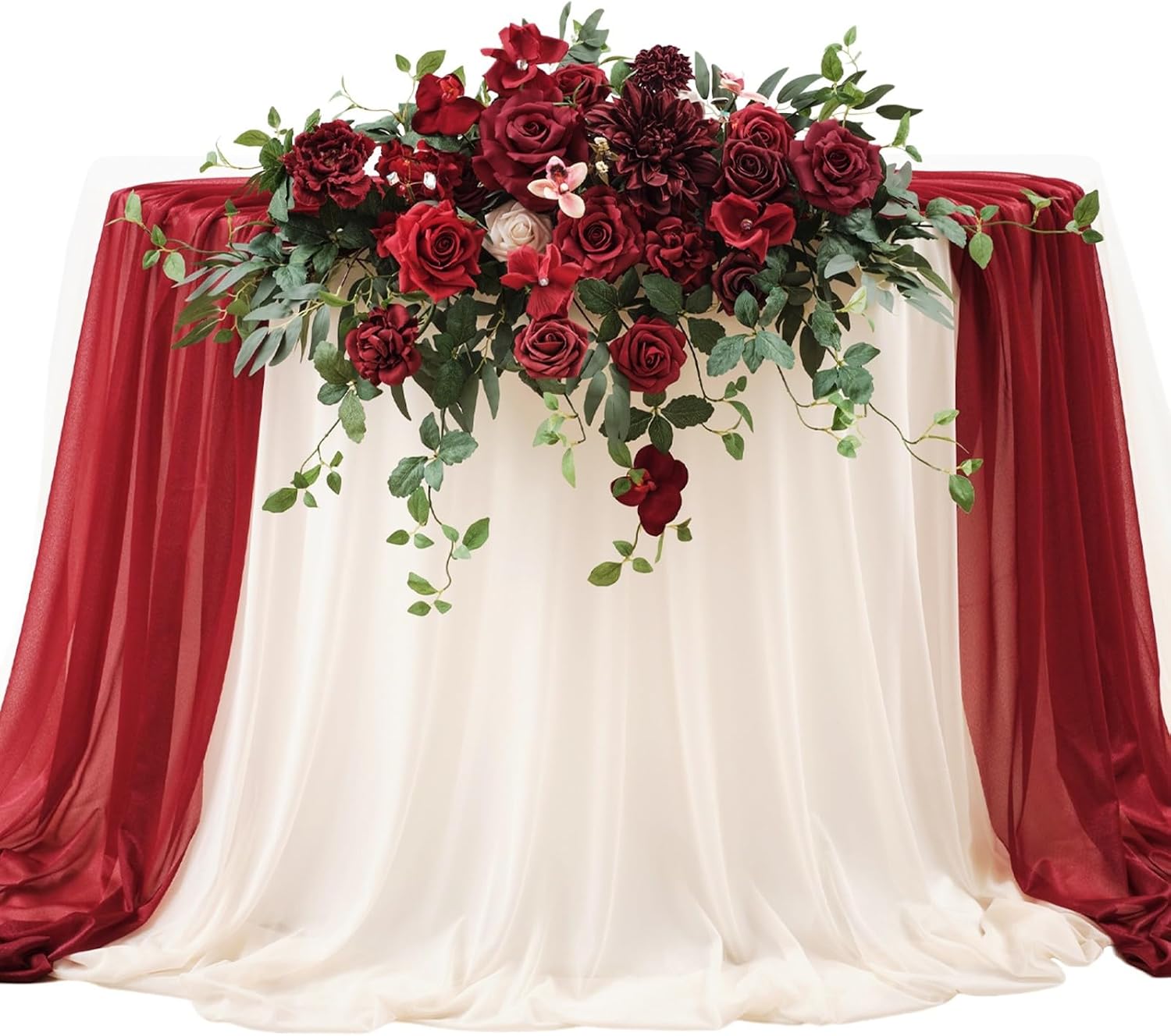 tinge time artificial sweetheart flower swag with tablecloth and table runner, pack of 3 floral arrangement for wedding sweetheart table centerpiece decoration (burgundy red)
